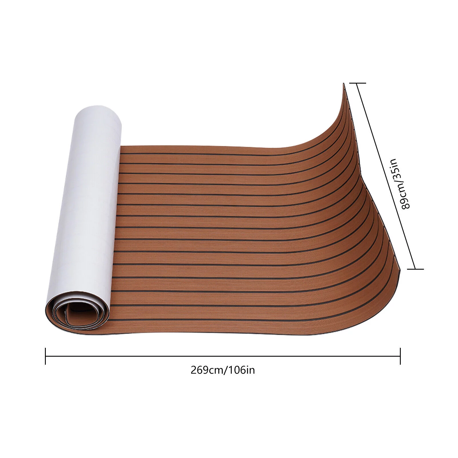 ZhdnBhnos EVA Foam Faux Teak Marine Boat Decking Sheet Yacht RV Flooring Mat Carpet Non-Skid Self-Adhesive Pad (Brown with Black Stripes, 106''x35'')