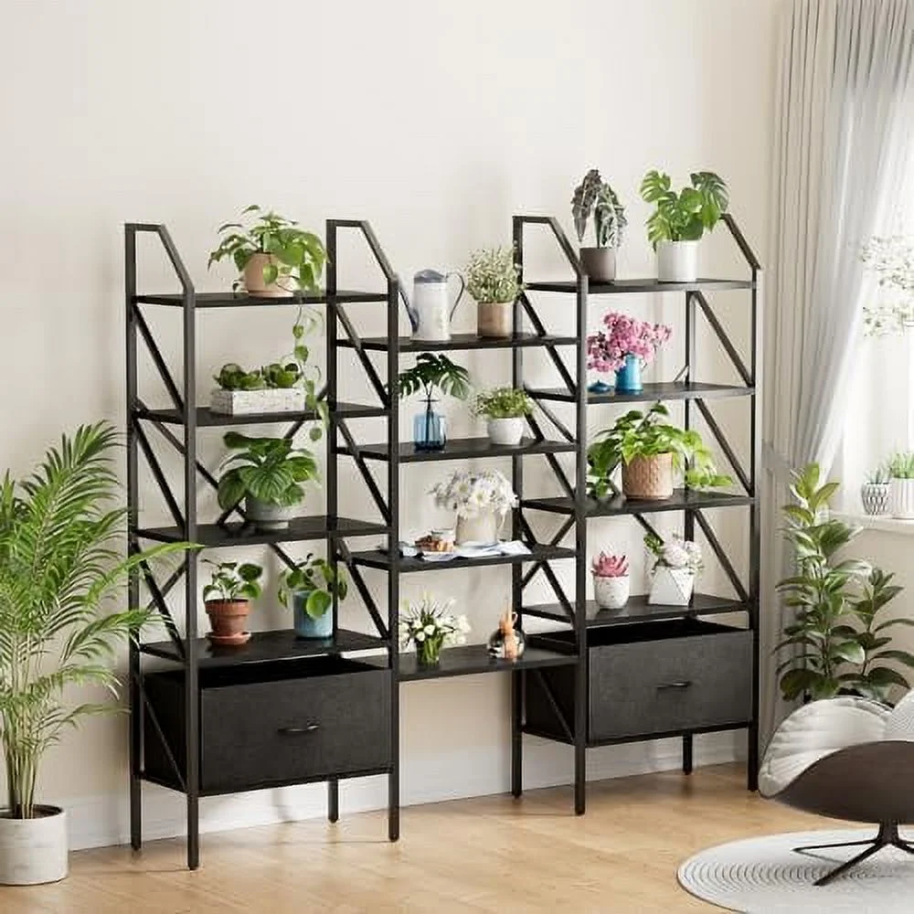 CHFBC Triple 6 Tier Bookshelf with Drawers  Wide Bookcase with 17 Open Display  Shelves  Large Book  Book Case for Home & Office (Rustic Brown  6 Tier)