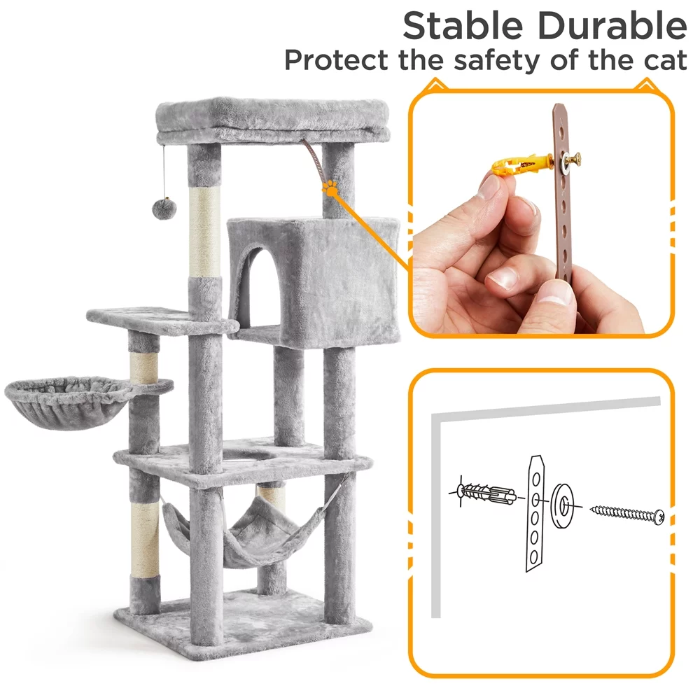 Topeakmart 52in Multilevel Cat Tree Condo Scratching Posts with Basket Hammock, Light Gray
