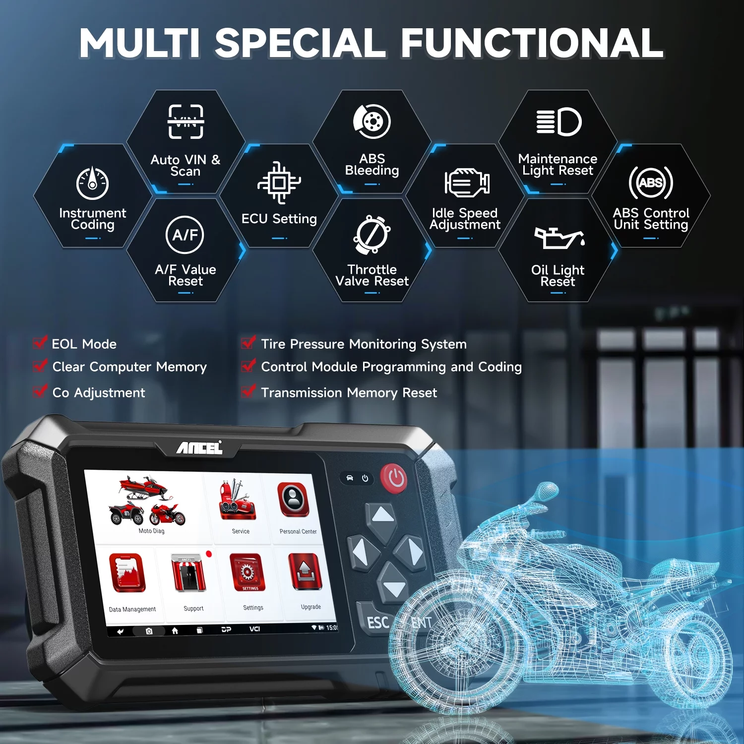 ANCEL MT500 Motorcycle Diagnostic Scan Tool, OBD2 Scanner, Motorbike Code Reader with 30+Reset ABS Bleed Oil Light Service