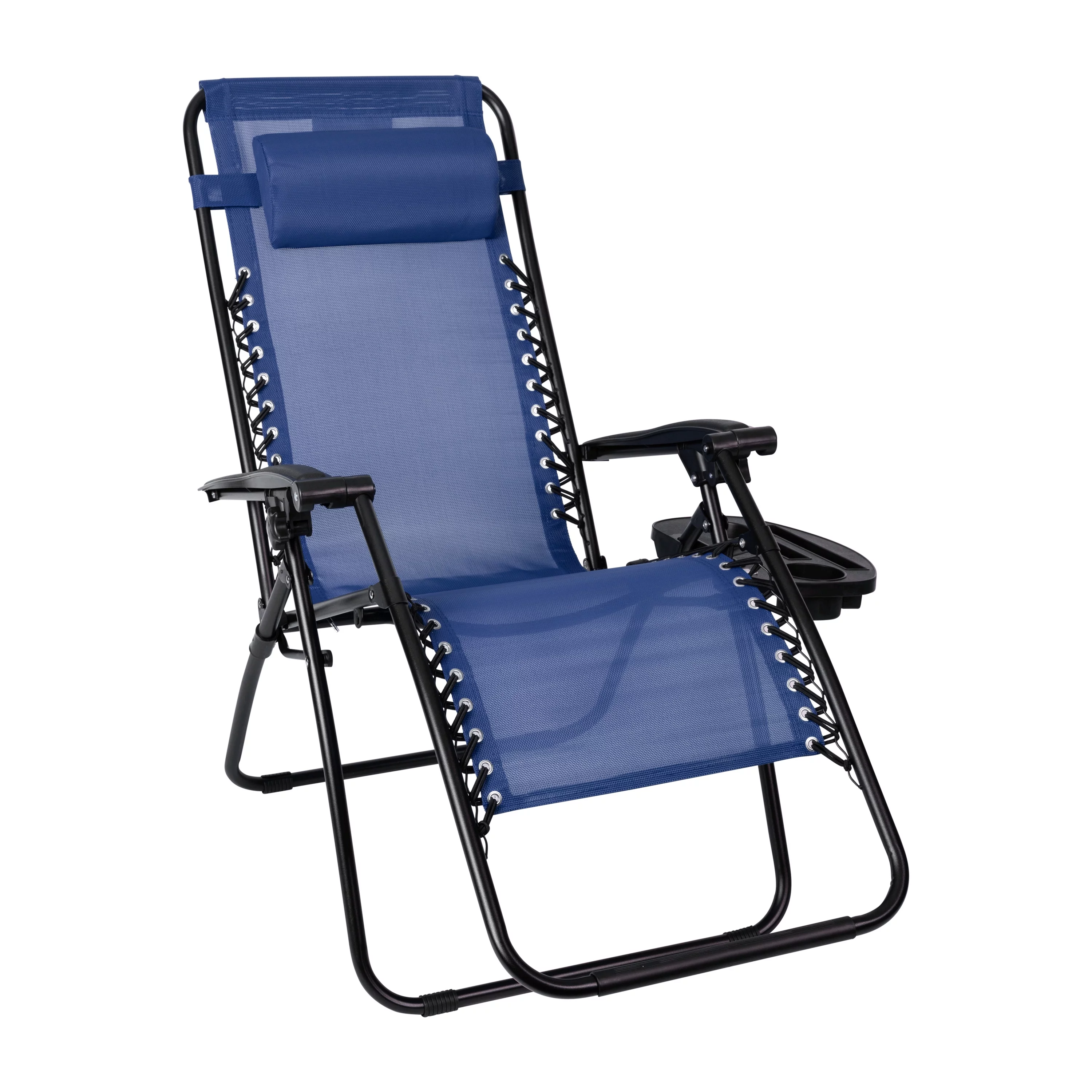 Merrick Lane Set of 2 Navy Folding Mesh Upholstered Zero Gravity Chair with Removable Pillow and Cupholder Tray