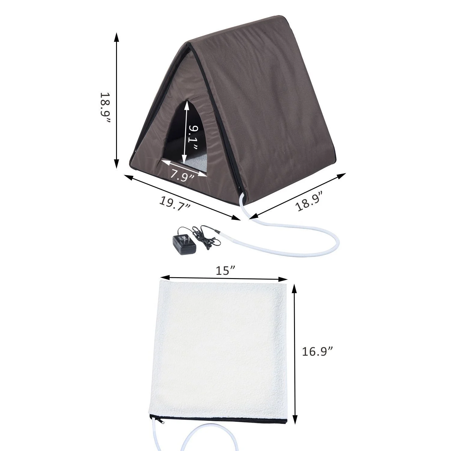 PawHut, A-Frame, Outdoor Heated Cat House, Brown, 20-in