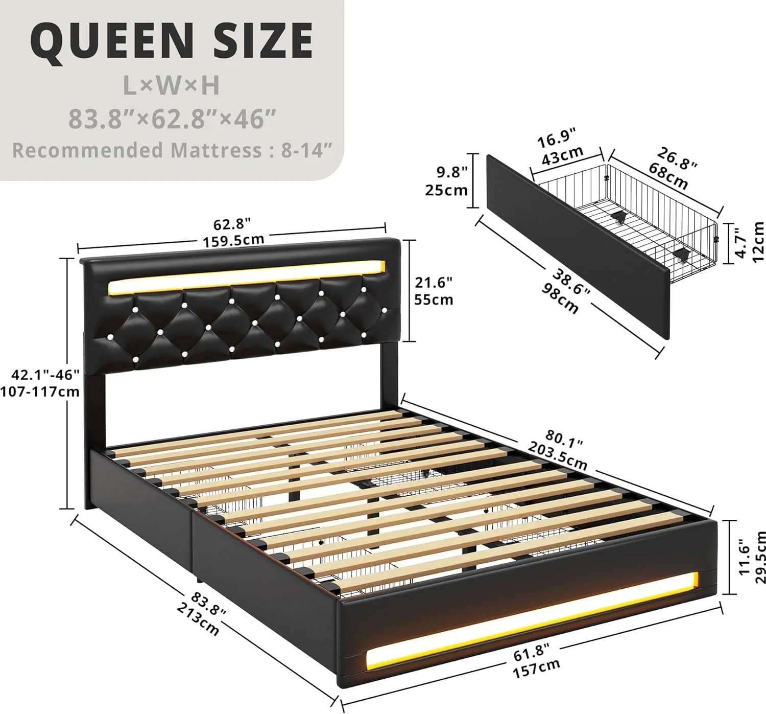 YILAN Queen Bed Frame with LED Lights and 4 Storage Drawers, Upholstered Platform Bed Frame Queen Size with Adjustable Crystal Button PU Leather Headboard, No Box Spring Needed, Black