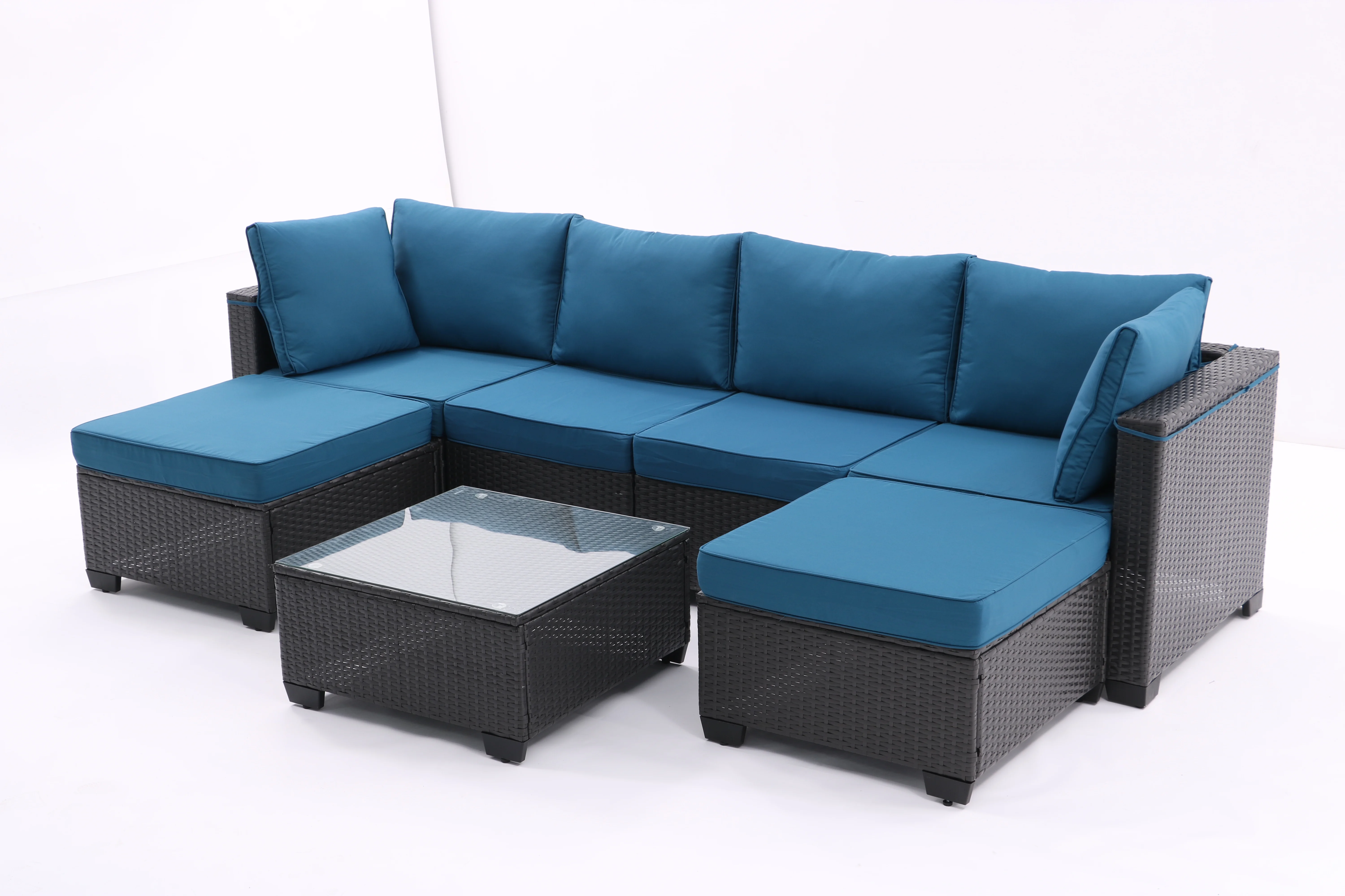 7 Pieces Outdoor Patio Furniture Set,Sectional Conversation Sofa of Corner Chairs,Ottomans and Glass Top Table,All Weather PE Rattan and Steel Frame with Removable Cushions(Coffee+Peacock Blue)