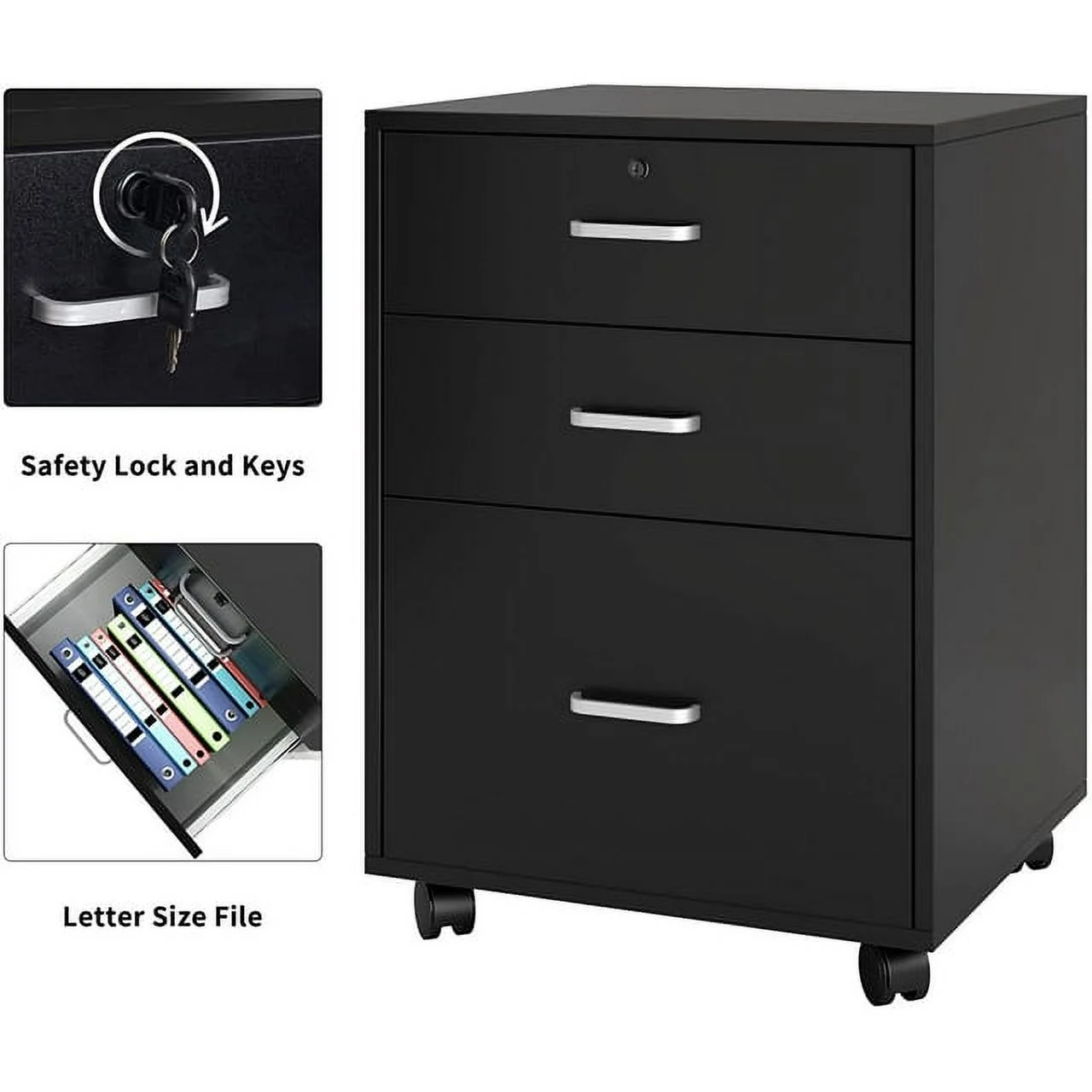 Soges 3 Drawer Mobile File Cabinet, Rolling Filing Cabinet, Modern Office Cabinet with Lock and Wheels, Black