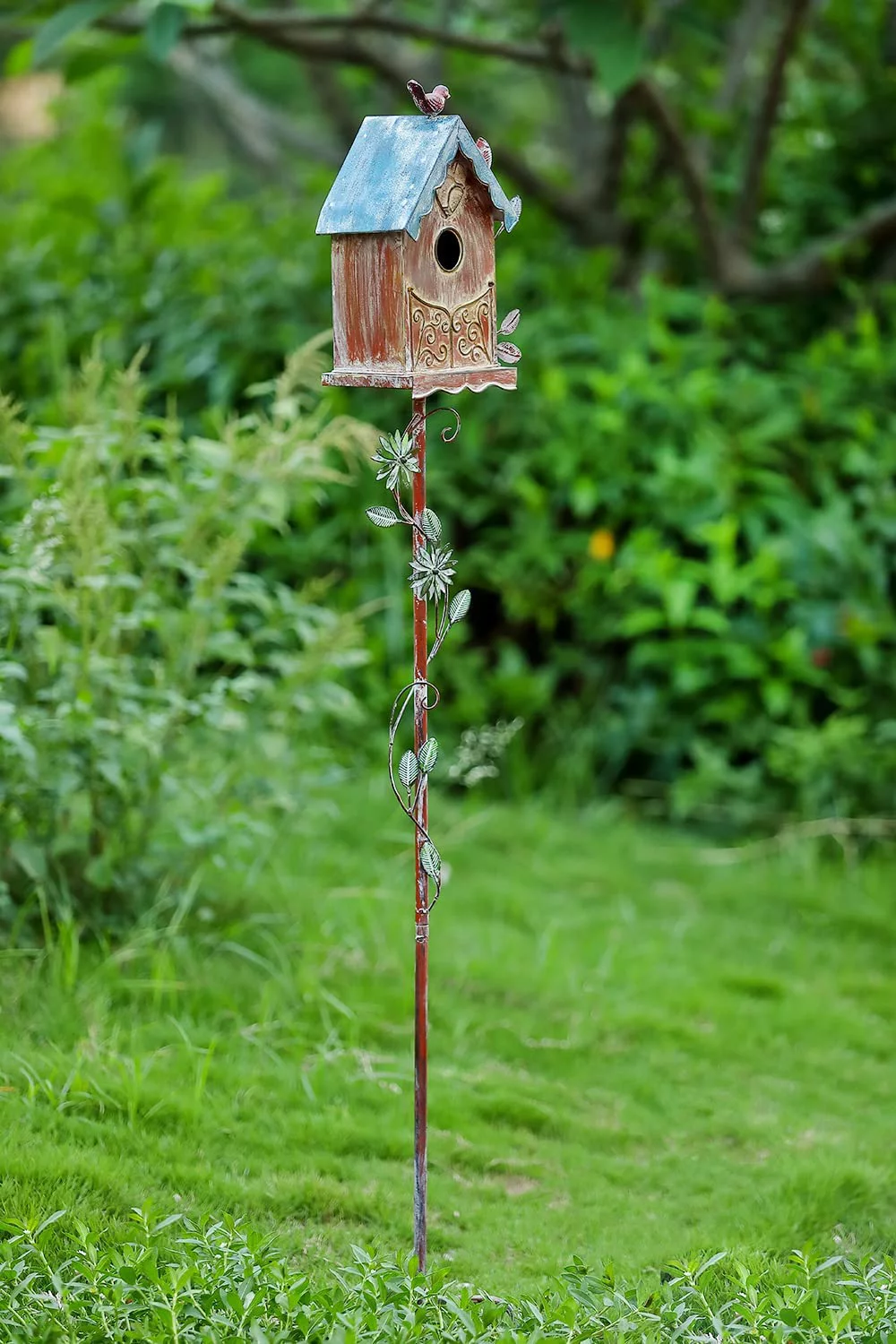 Jemeni Baroque Cottage Bird House Stake for Outside with Pole, 9 x 5 x 57 inches