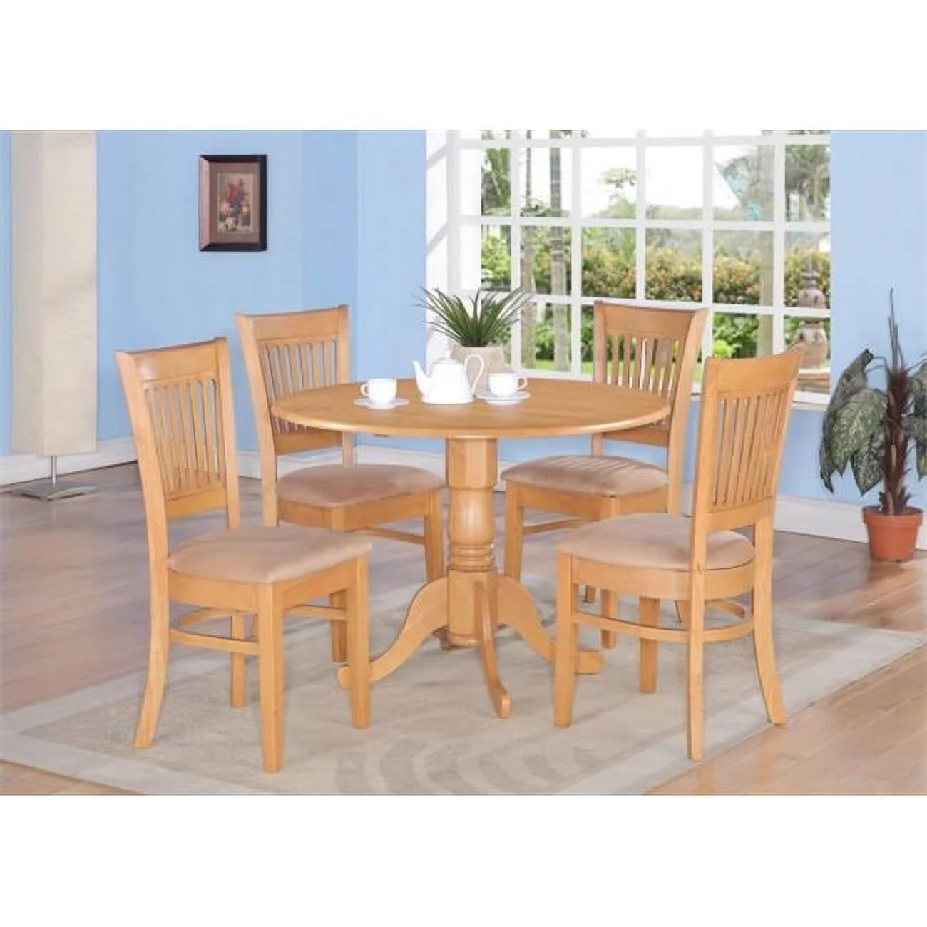 East West Furniture  Dublin 5PC Set - Round Table with two 9 in. Drop Leaves and 4 Vertical slat back microfiber seat chairs