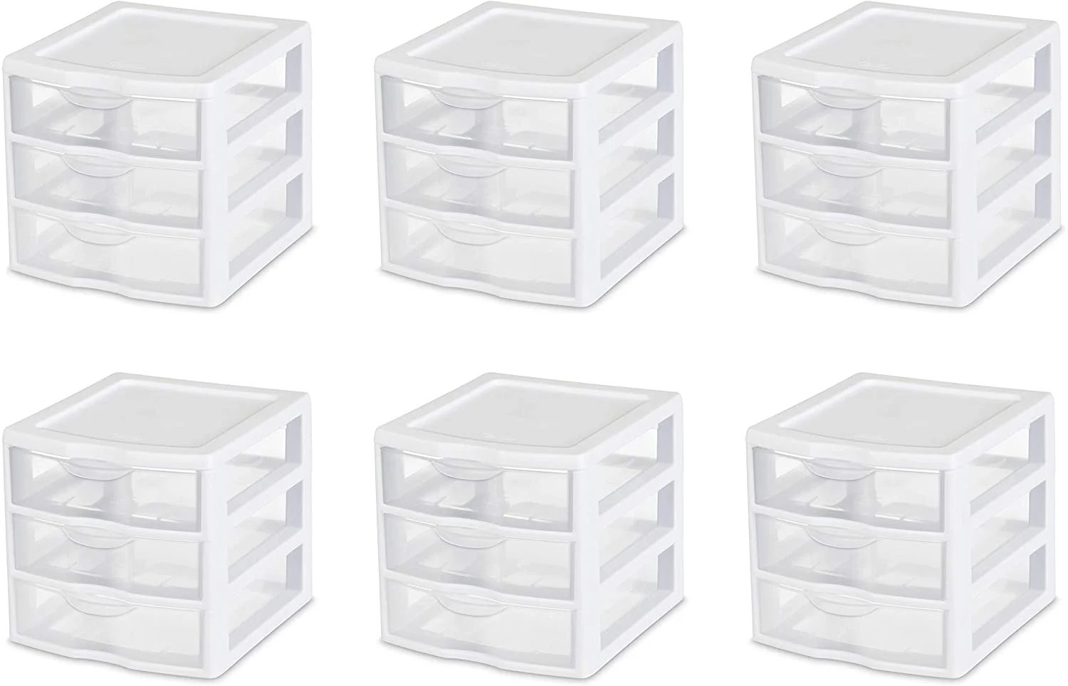 Small 3 Drawer Unit, White Frame with Clear Drawers, 6-Pack