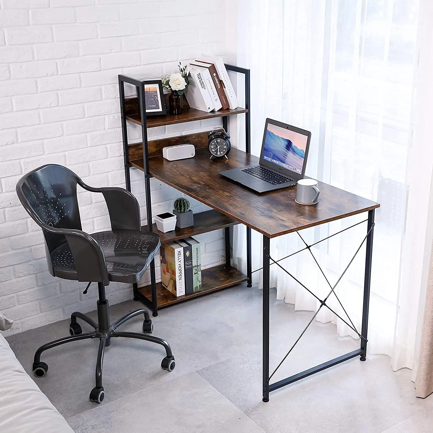Computer Desk with Storage 4-Tier Shelves, 47'' Home Office Desk with Adjustable Bookshelf