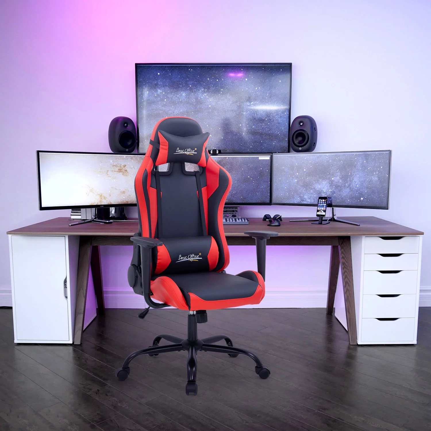 PC Gaming Chair Racing Chair Ergonomic Computer Chair with Lumbar Support Headrest Armrest Task Rolling Swivel Desk Chair PU Leather E-Sports Adjustable Office Chair Red