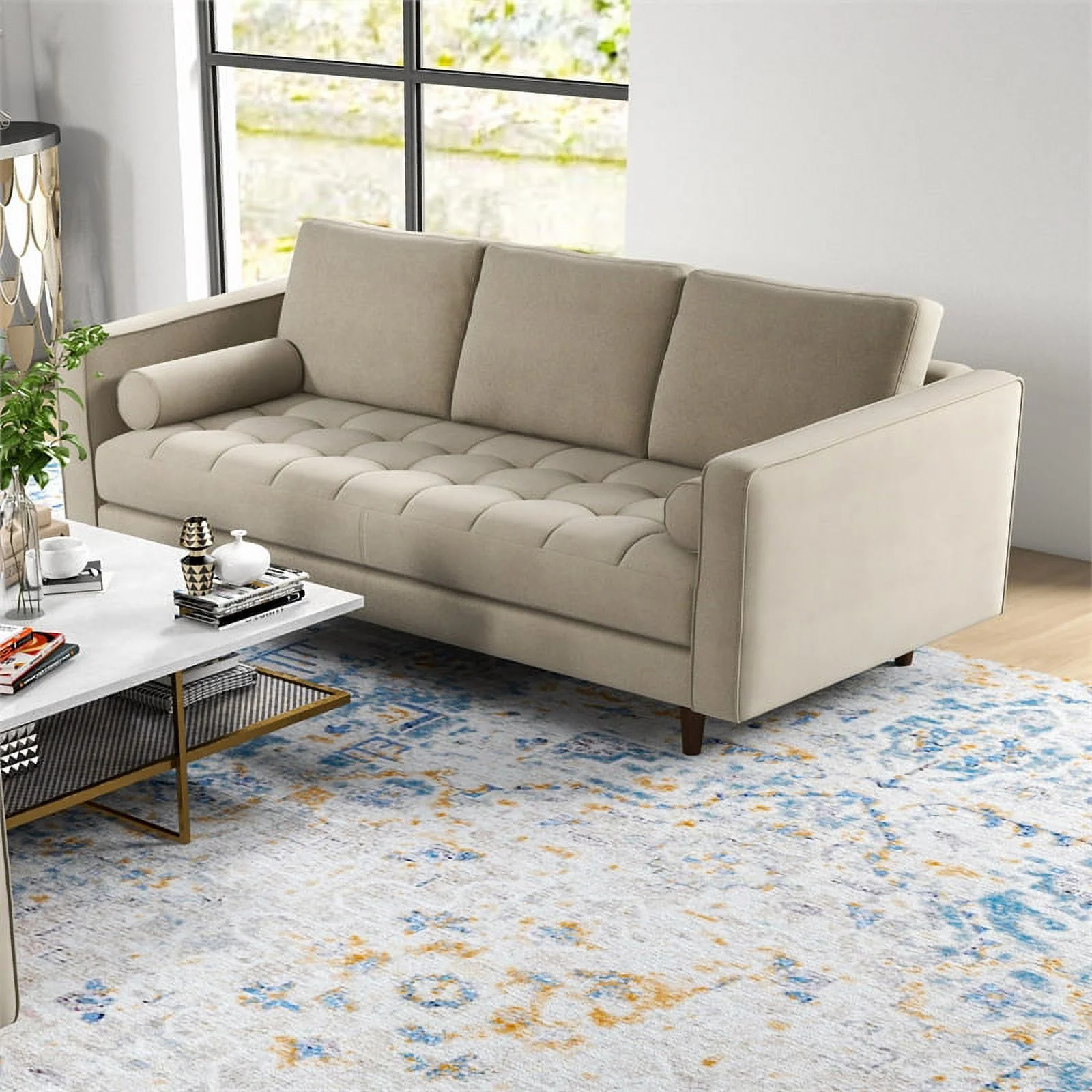 Tahir Mid-Century Pillow Back Velvet Sofa Set in Beige