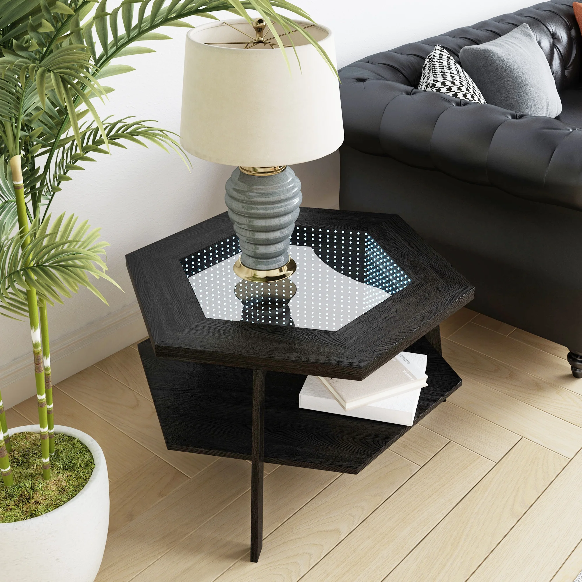 Modern Hexagon Smart Coffee Table with Voice-Activated LED Lights, Bluetooth - Living Room, Reception Room