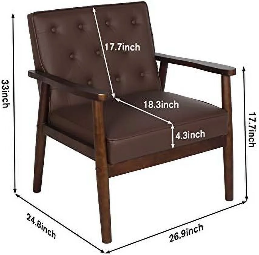 FDSHOIYN Mid-Century Retro Modern Solid Wood Armrest Accent Chair  Faux Leather Tufted Back Upholstered Lounge Chairs  Living Room  (Black 8325)