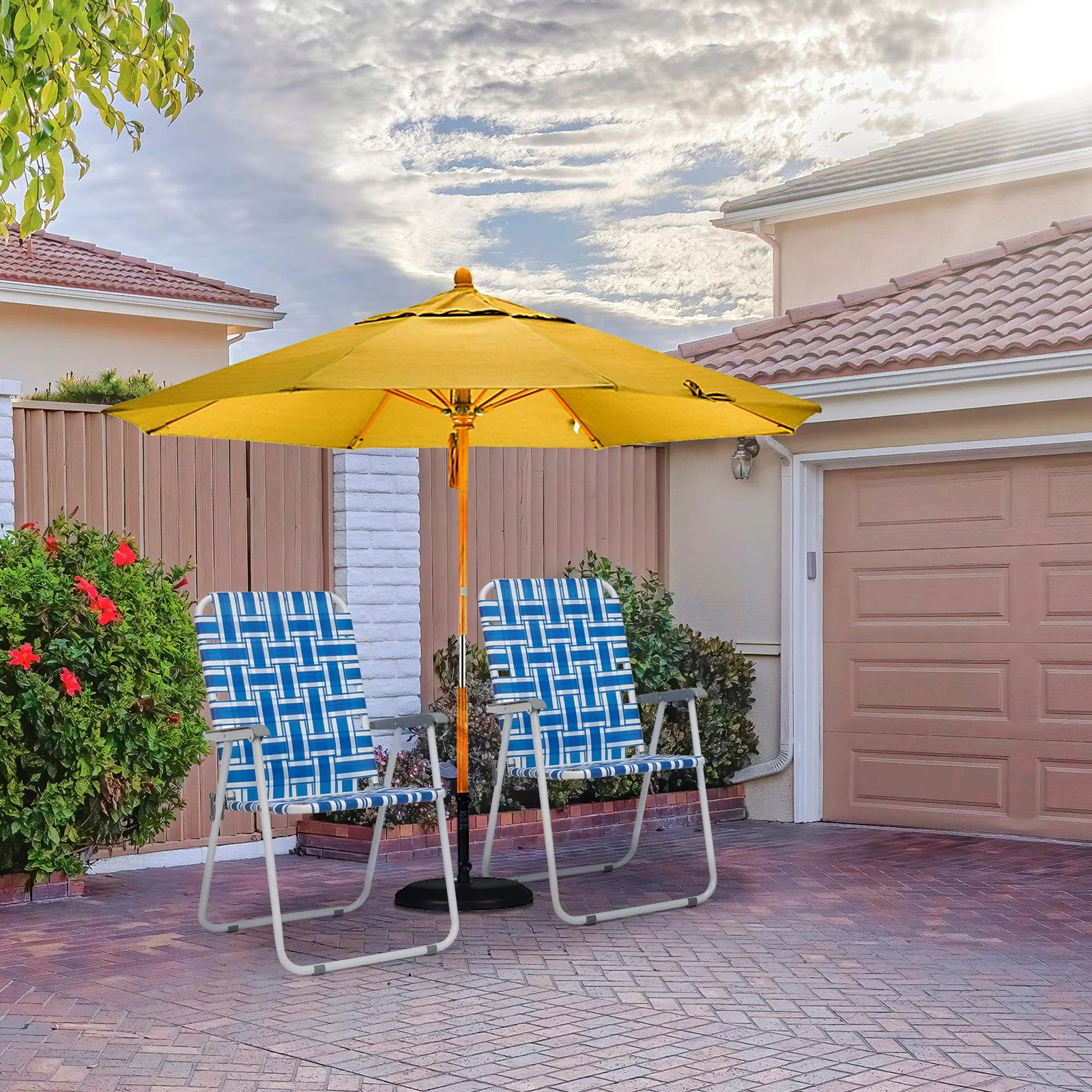 2pcs Blue & White Strip Folding Beach Chair, Steel Tube Frame, PP Webbing, Supports 120kg
