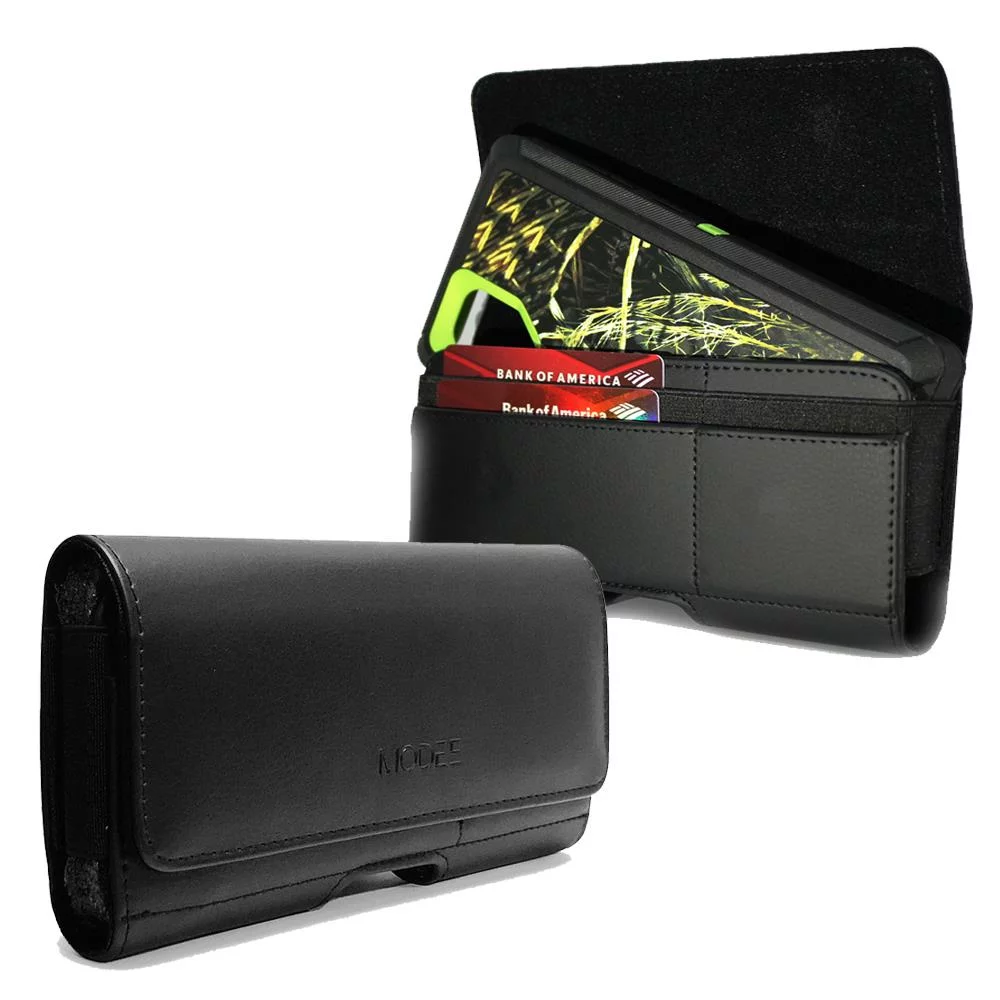 Premium Leather Holster Pouch with ID Card Credit Card Cash Holder For Samsung Galaxy A90 5G Fit with Otterbox Defender Case/Lifeproof Case/Hybrid Armor Case/Battery Back Case On - Black