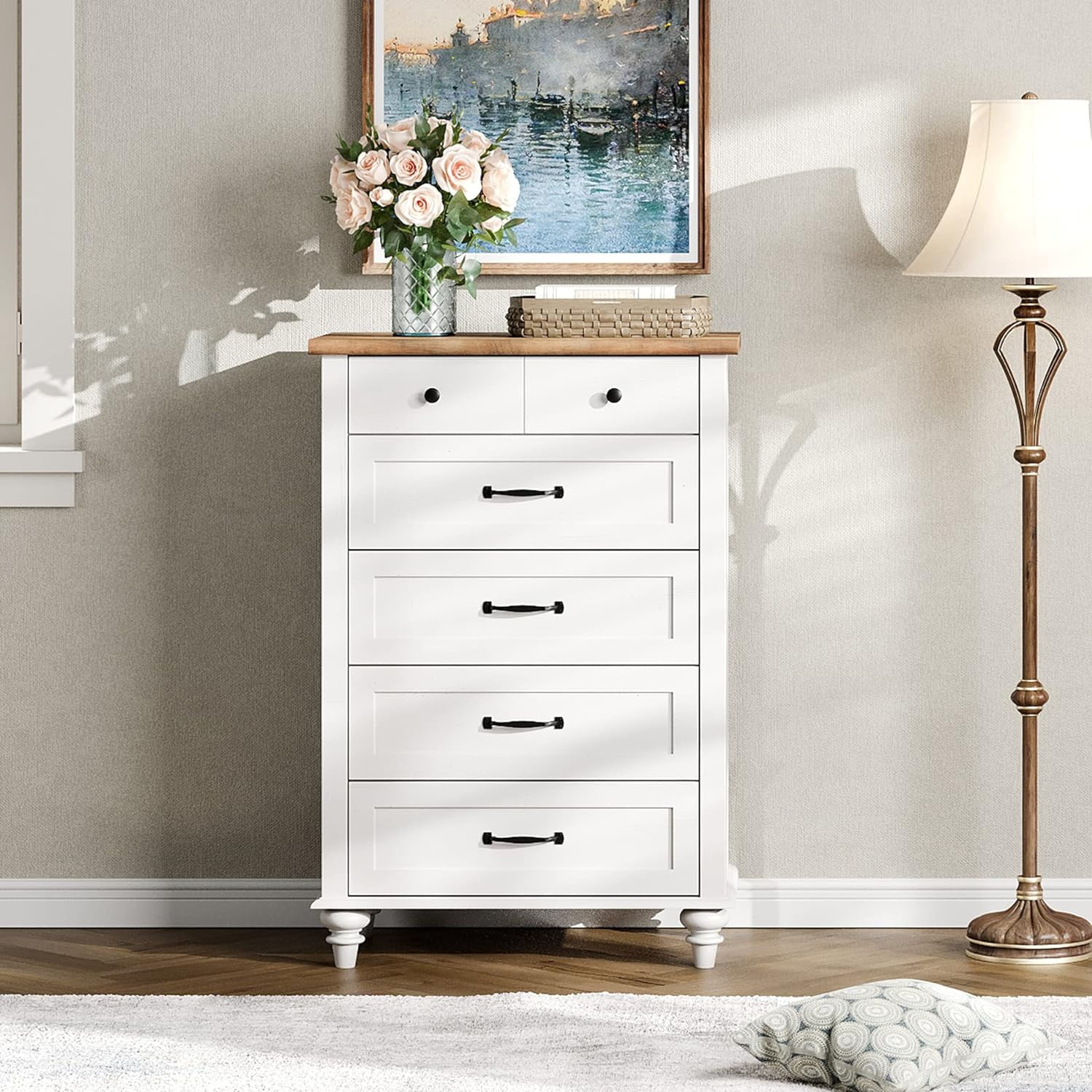 xrboomlife White Dresser for Bedroom with 5 Drawers  Tall  Dressers with Wide Chest of Drawers  Mid Century Modern Wooden Closet  Organizer  Samll Dressers for Living Room  Nursery  Hallw