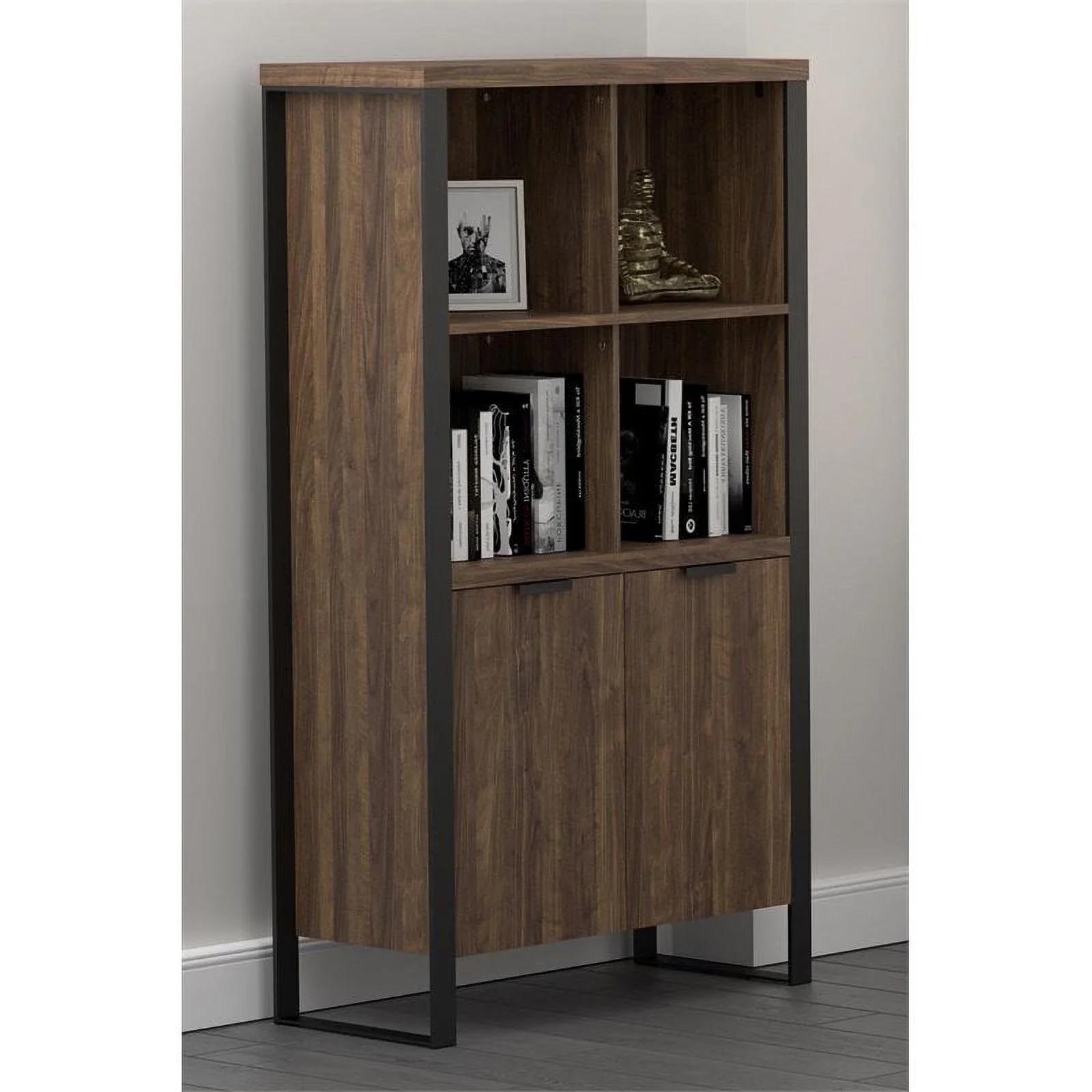 Bowery Hill 2 Door Rectangular Bookcase in Aged Walnut and Gunmetal