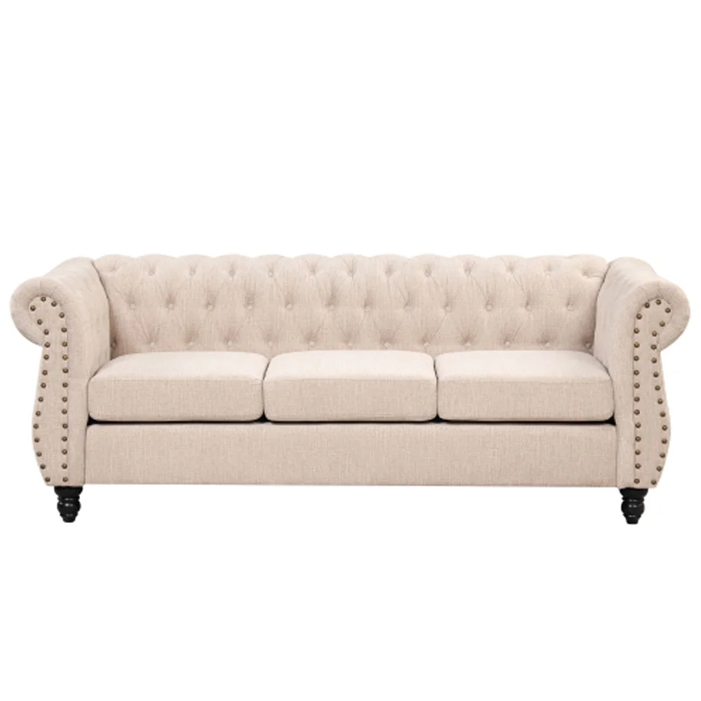 Modern sofa Dutch plush upholstered sofa, solid wood legs, buttoned tufted backrest - Beige