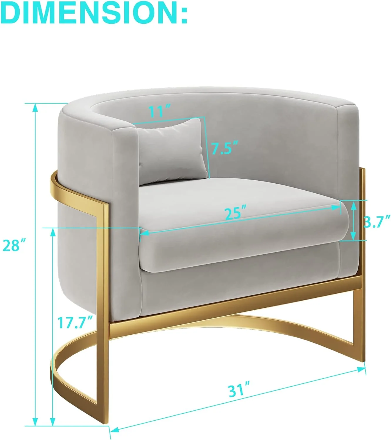 Velvet Accent Chair, Modern Barrel Chair Upholstered Armchair for Living Room Bedroom Single Sofa Chair Club Chairs Gray with Gold Legs