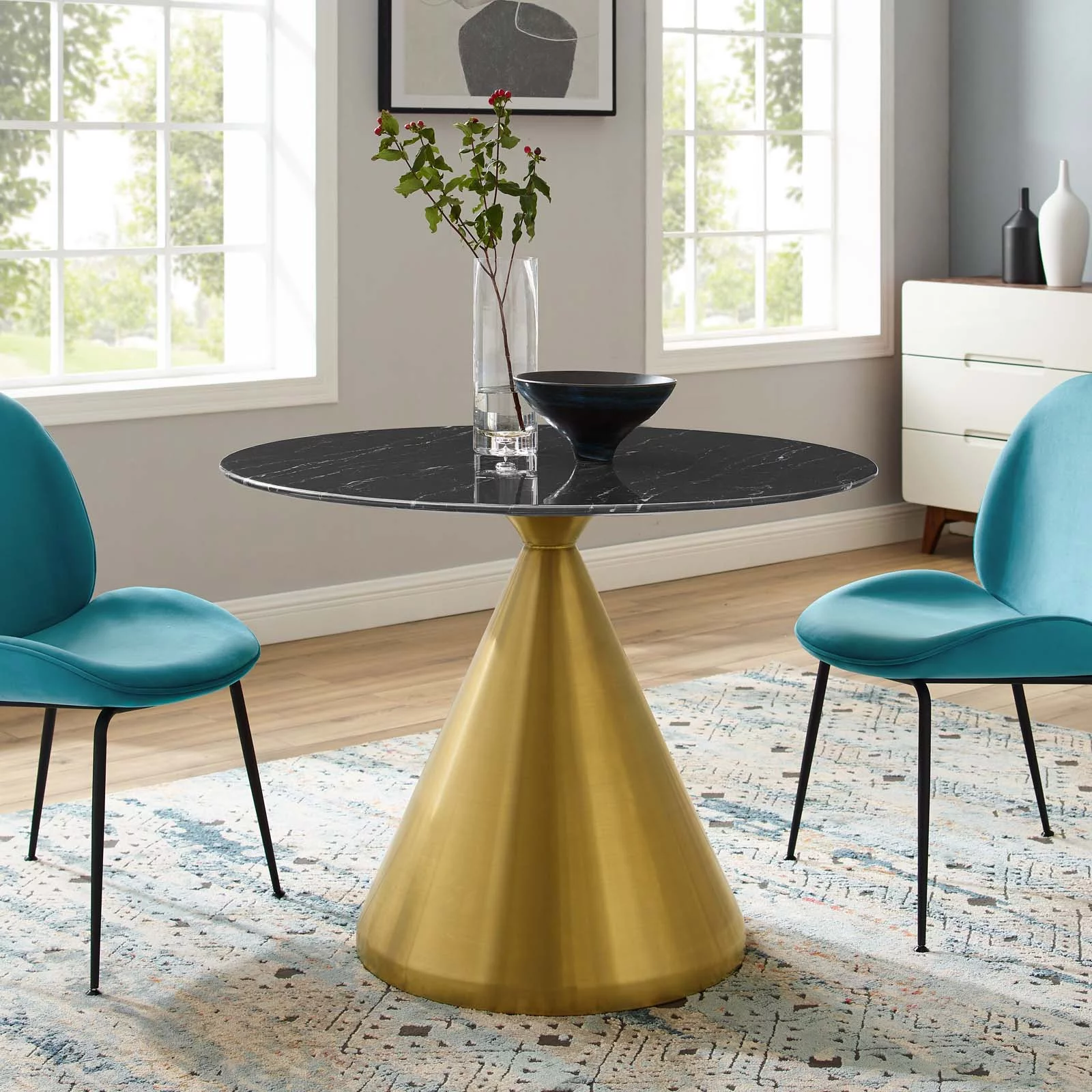 Dining Table, Round, Artificial Marble, Metal Steel, Gold Black, Modern Contemporary Urban Design, Kitchen Room Cafe Bistro Restaurant Hospitality