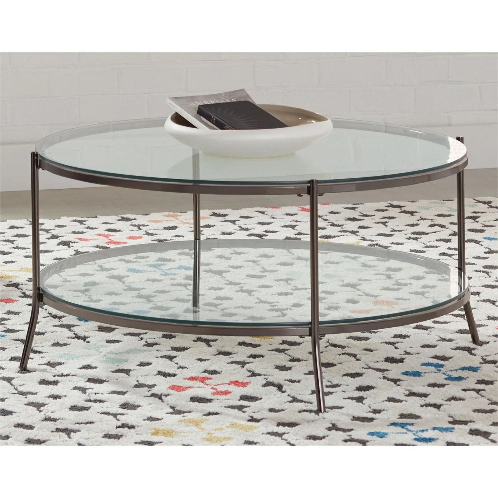 Pemberly Row Metal Glass Top Round Coffee Table Black Nickel and Clear