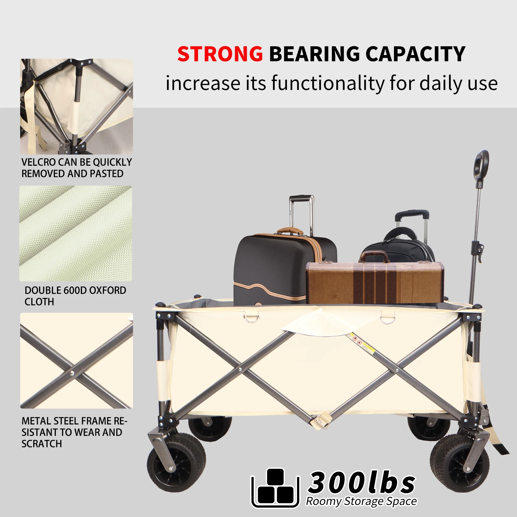 Al Fresco Folding Wagon Cart, Collapsible Beach Cart Heavy Duty Garden Wagon Cart, Hold Up To 225 lbs, Beach Wagon Cart with Big All-Terrain Wheels for Garden, Camping, White + Gray