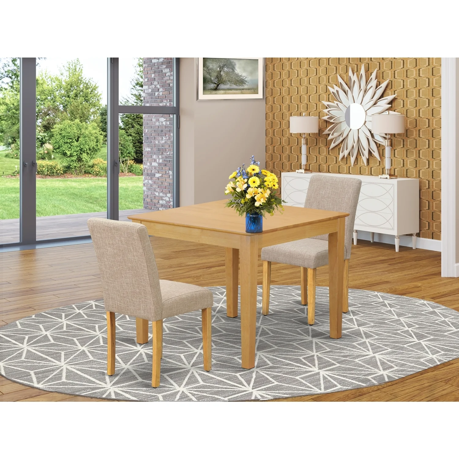HomeStock Tuscan Temptations 3Pc Square 36 Inch Kitchen Table And A Pair Of Parson Chair With Oak Leg And Linen Fabric Light Fawn