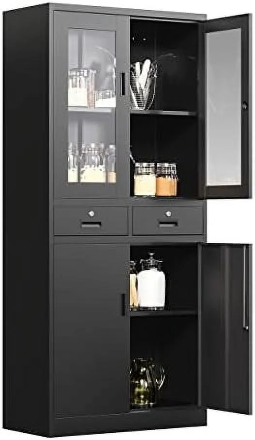 GVJMTKP Glass Display Cabinet with Drawers  Lockable Metal  Cabinets with 2 Adjustable Shelves  71'' Tall Locking Cabinets Modern Liquor Cabinet Freestanding Kitchen Pantry  Cabin