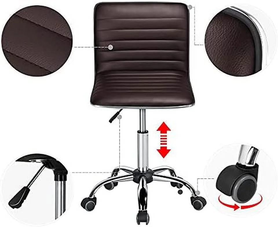 CKPFVY Mid Back Task Chair Low Back Leather Swivel Office/Computer/Desk Chair Retro Armless Ribbed with Wheels Black