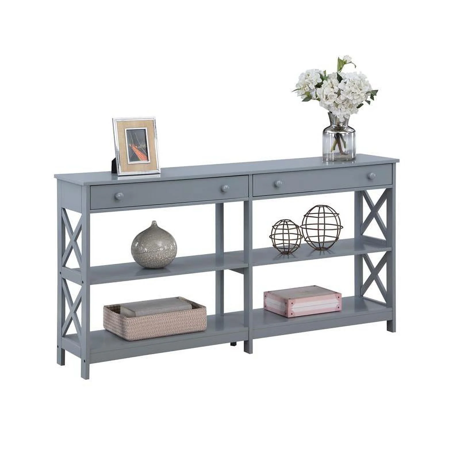 Pemberly Row Two-Drawer 60-inch Console Table with Shelves in Gray Wood Finish