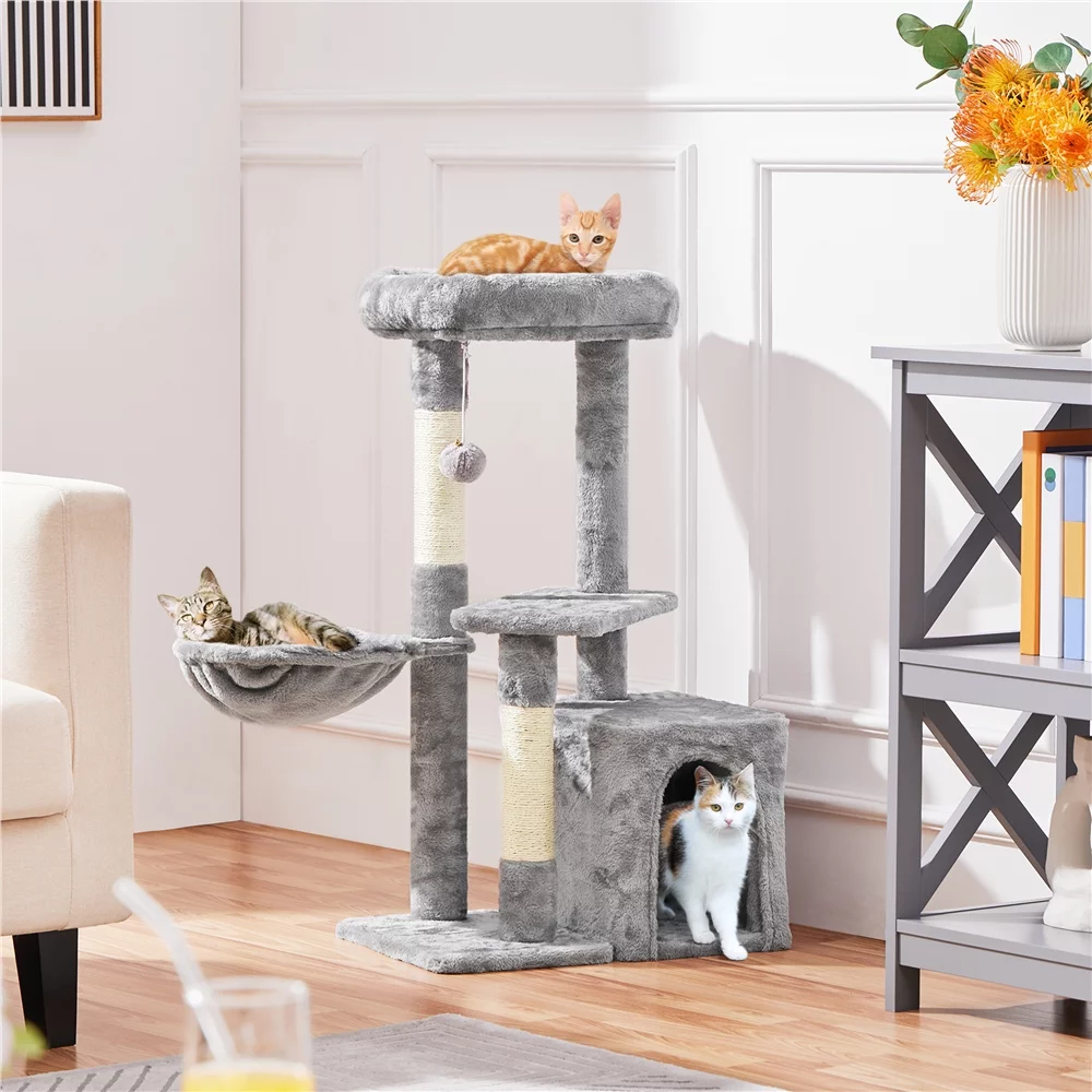 Topeakmart 34.5 in Cat Tree Condo Scratching Post Tower with Basket, Light Gray