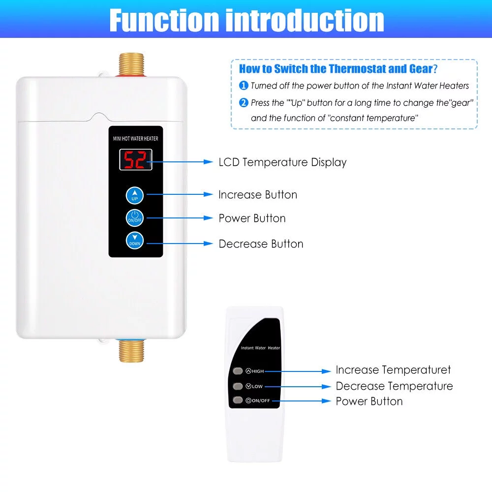 Free Temperature Adjustment Memory Function 110V Waterproof Body Tankless Water Heater