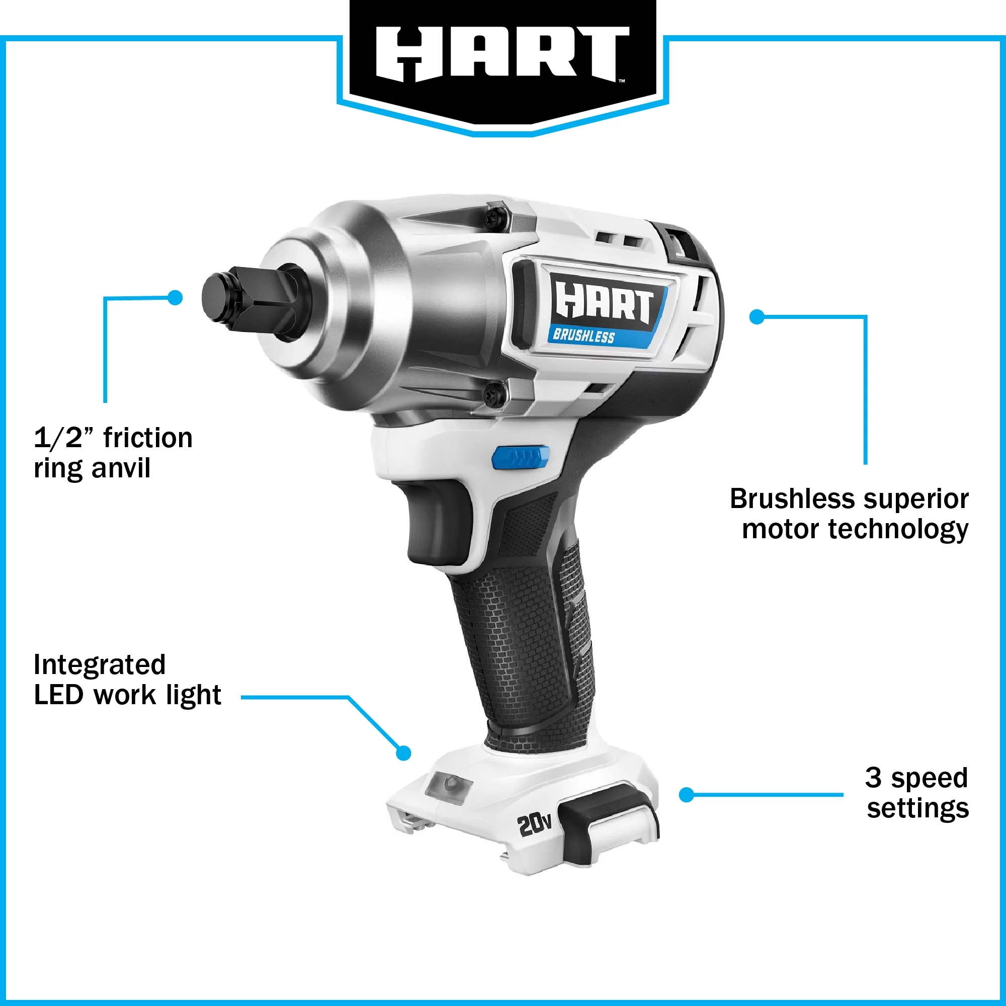 HART 20-Volt 1/2-inch Brushless Impact Wrench Kit, (1) 4.0Ah Lithium-Ion Battery
