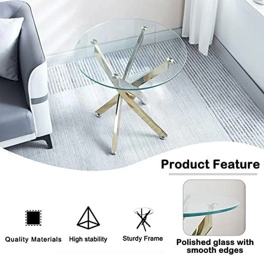 ZFGSUIJN 35Inch Modern Round Coffee Table Tempered Glass Center Table   Gold Stainless Steel Feet with Adjustable Pad  Elegant Glass Tea Table with Clear Glass Top