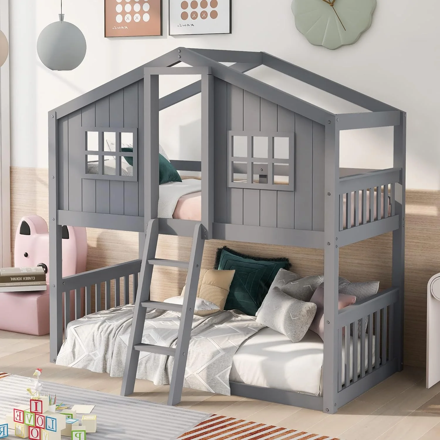 House Bed Buk Beds Over Size Buk Beds With Ladder Wood Low Buk Beds With Roof Ad Guard Rail For Kids, Toddlers, Grey