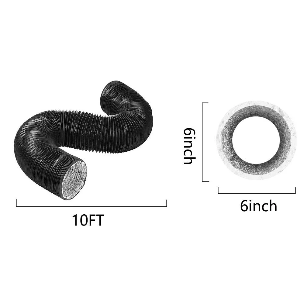 WSYW 6inchx10ft Aluminum Ducting Dryer Vent Hose for HVAC Ventilation with 2 Clamps Black