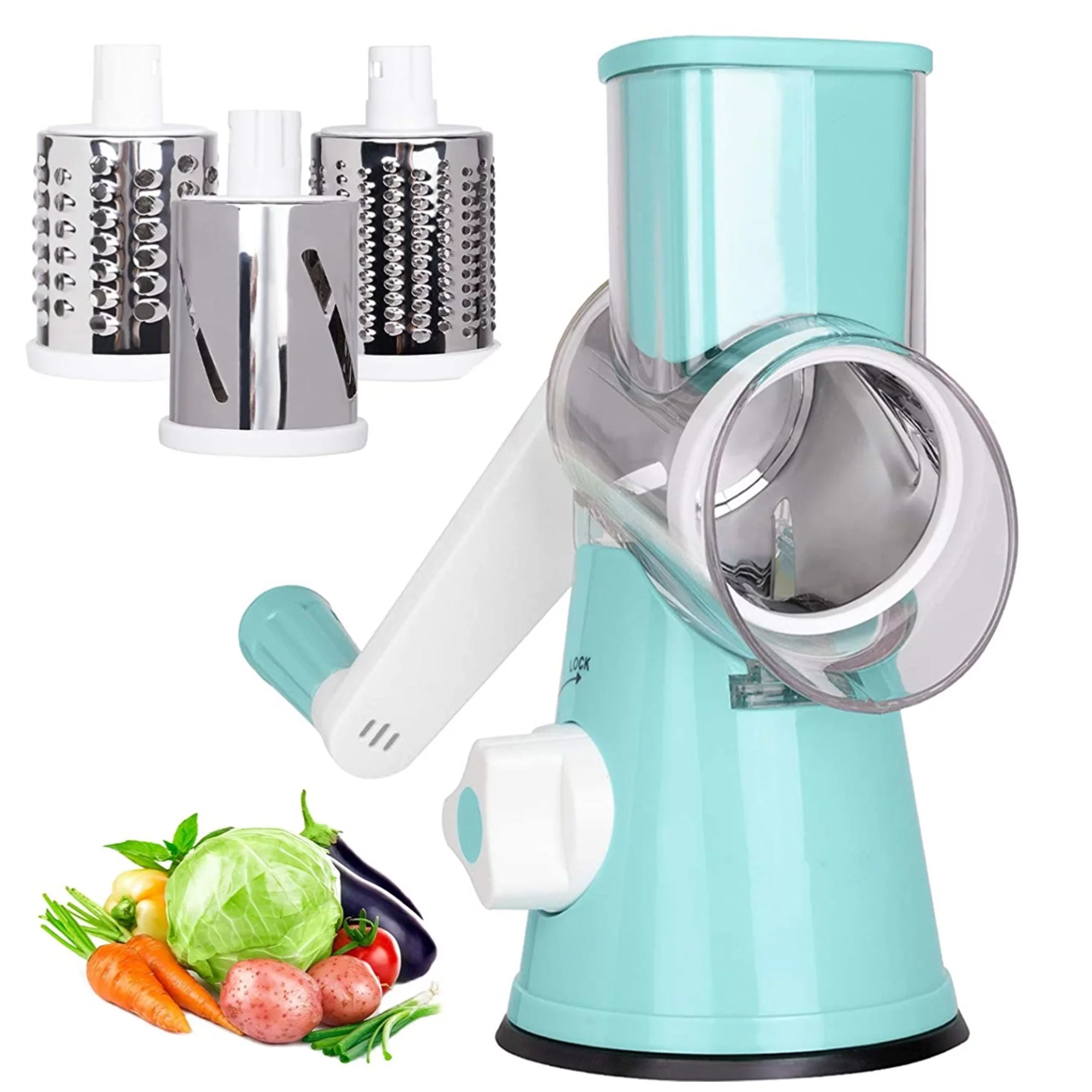 Rotary Cheese Grater Included 3 Stainless Drum Blades, Handheld Vegetables Slicer Cheese Shredder with Rubber Suction Base for Cheese, Fruit, Vegetables, Nuts Blue