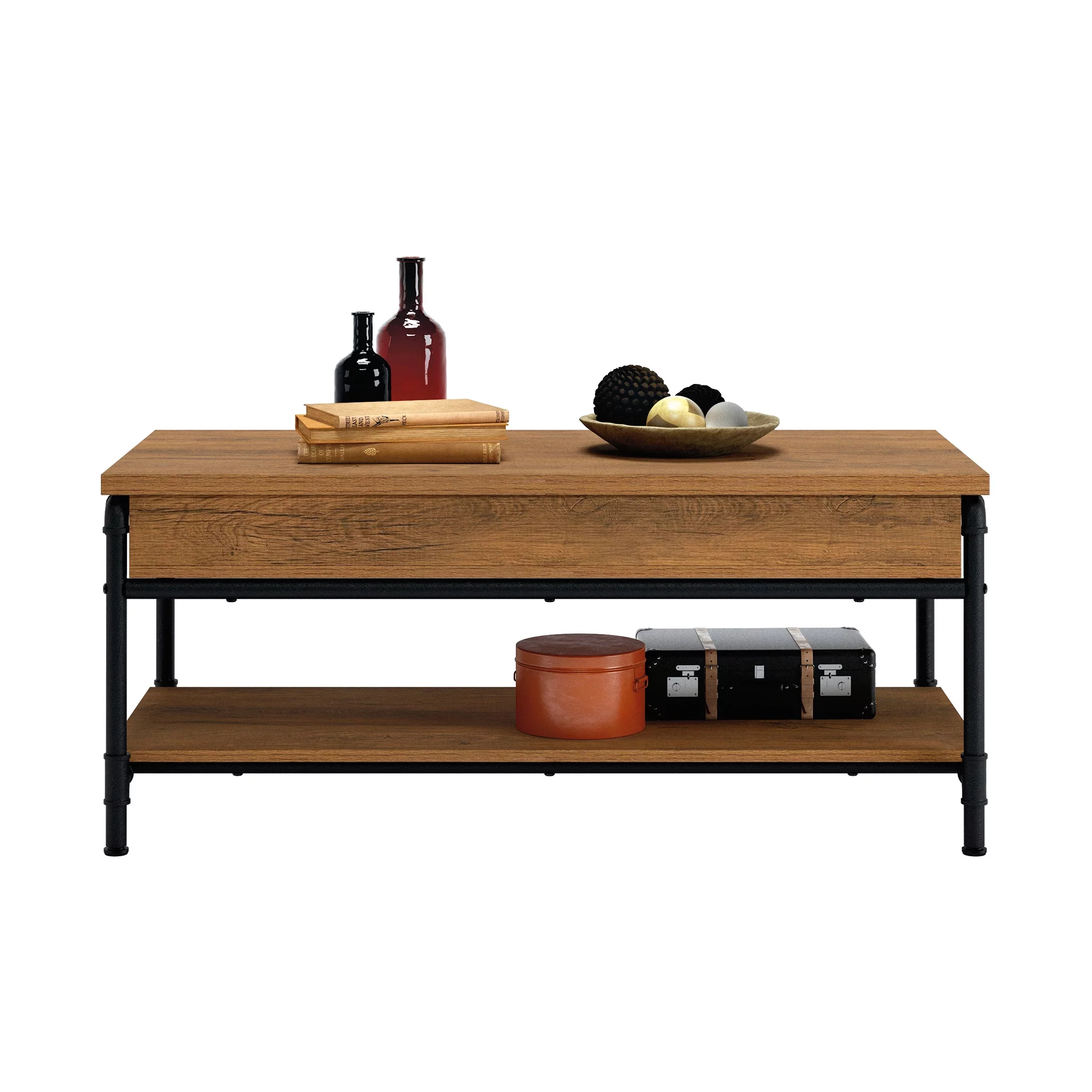 Sauder Iron City Industrial Pipe Lift-Top Coffee Table, Checked Oak Finish