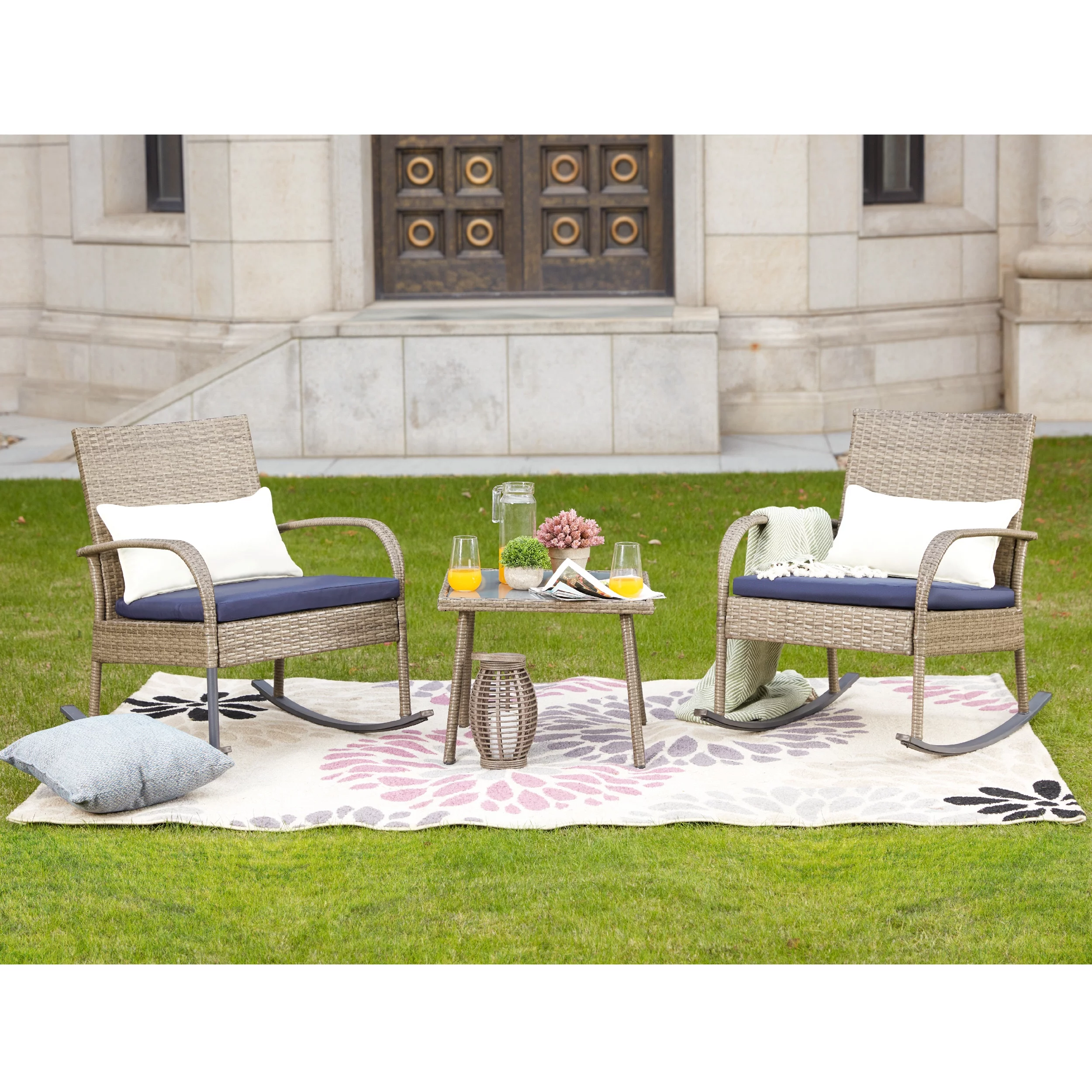 Patio Festival Metal 3-Piece Outdoor Bistro Set in Blue and Beige