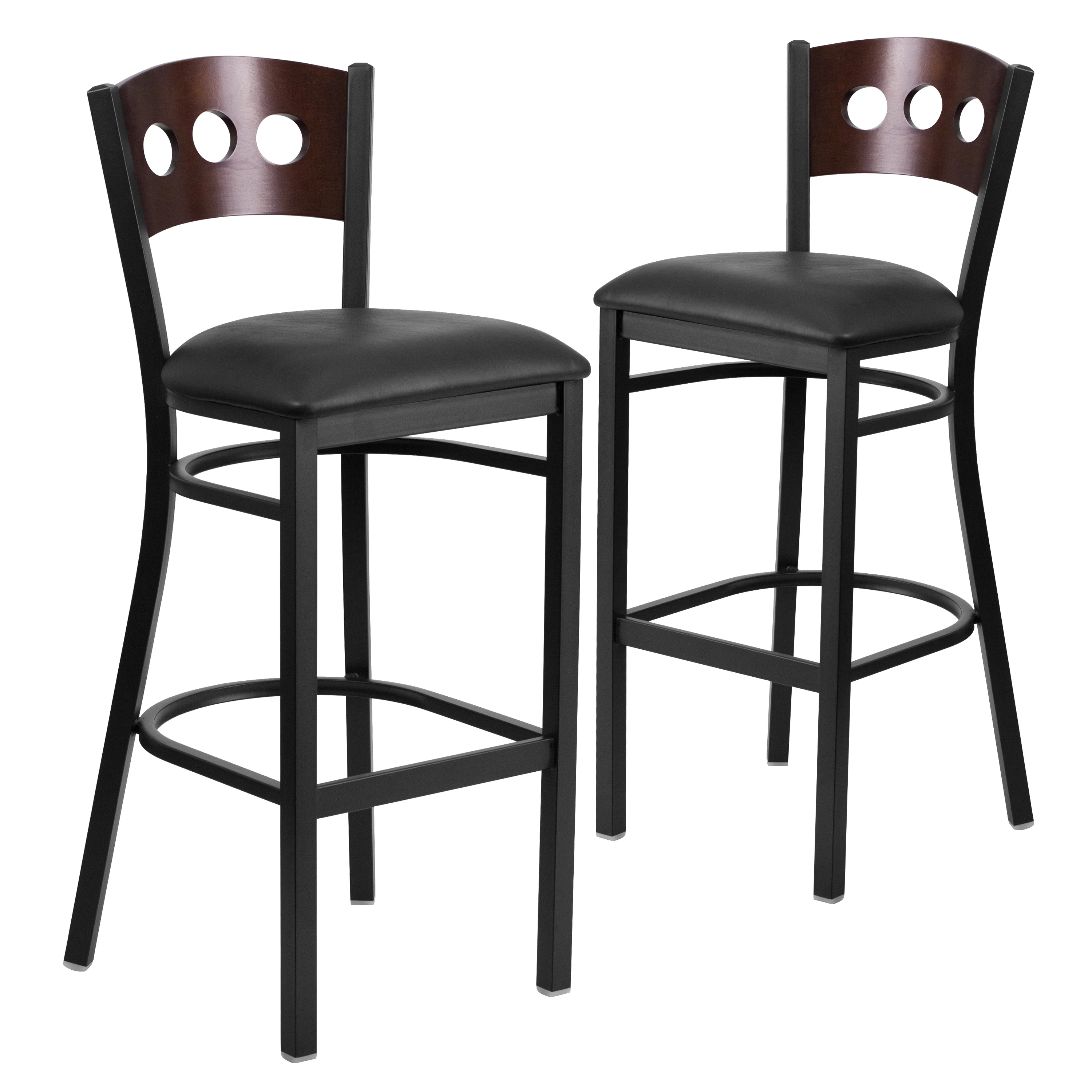 Flash Furniture 2 Pk. HERCULES Series Black 3 Circle Back Metal Restaurant Barstool - Walnut Wood Back, Black Vinyl Seat