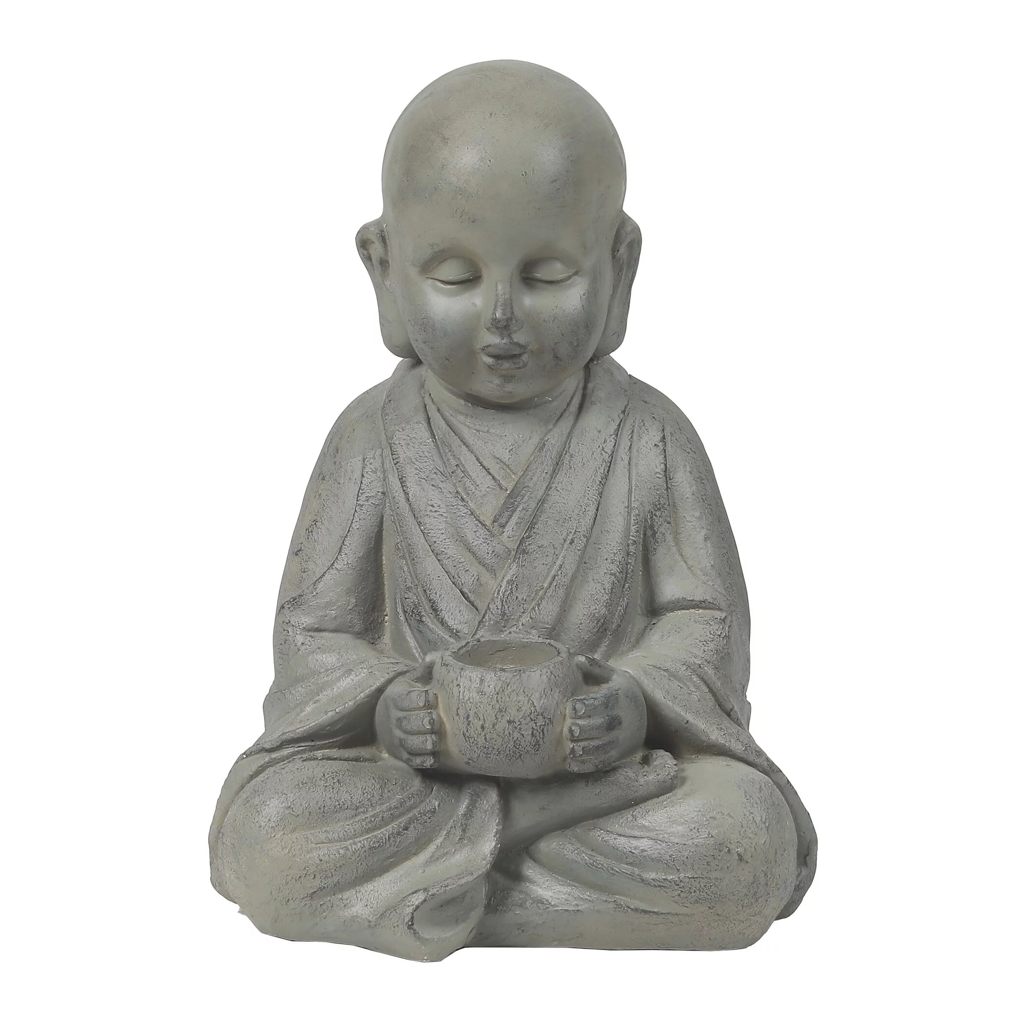 LuxenHome Gray MgO Buddha Monk and Bowl Garden Statue
