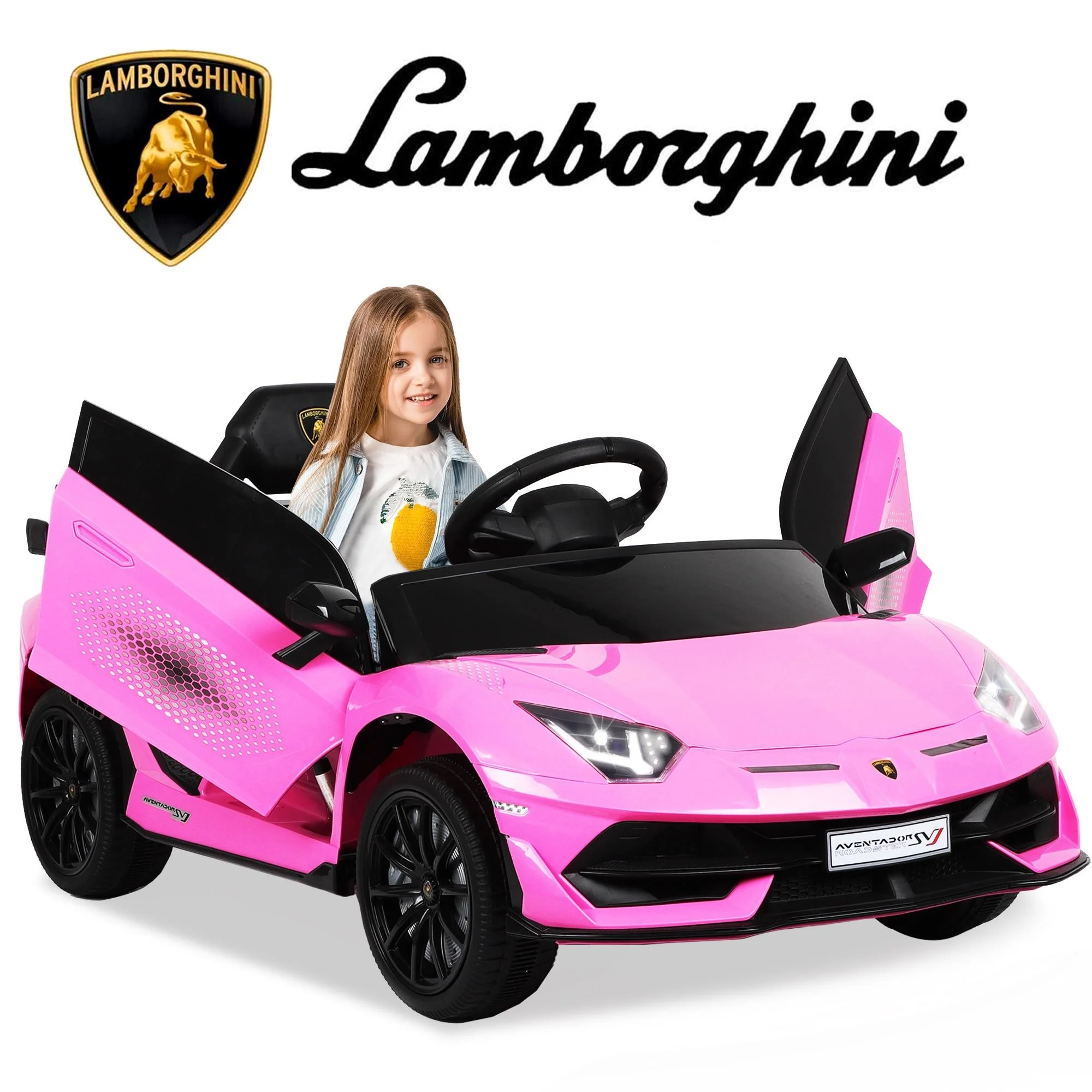 Lamborghini Xago 12V Powered Ride on Car, Electric Vehicle Sport Car with Remote Control, Bluetooth, 4 Wheels, Kids Ride on Toy for 3-6 Years Old Boys Girls, Pink