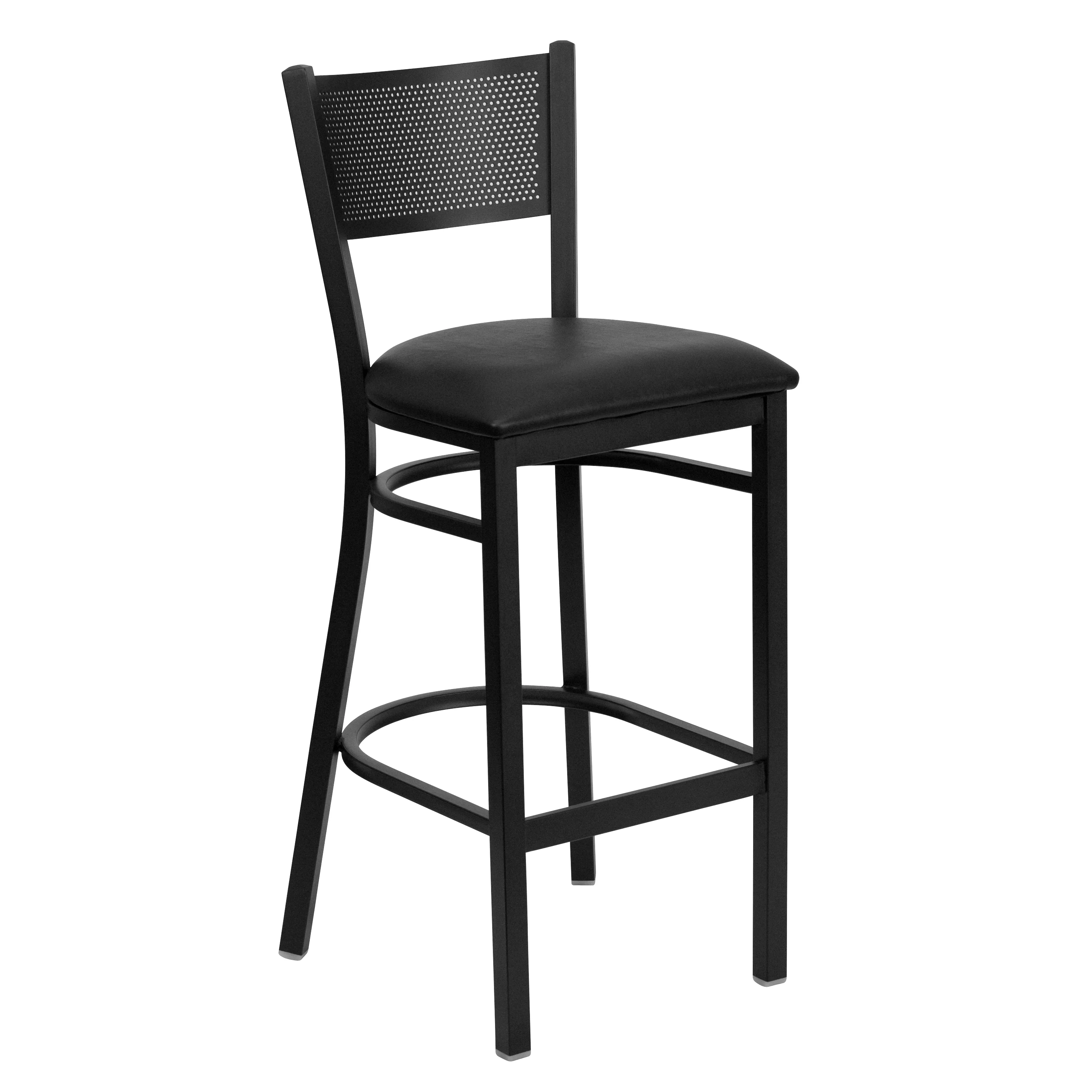 Emma + Oliver Black Metal Grid Back Barstool, Black Vinyl Seat