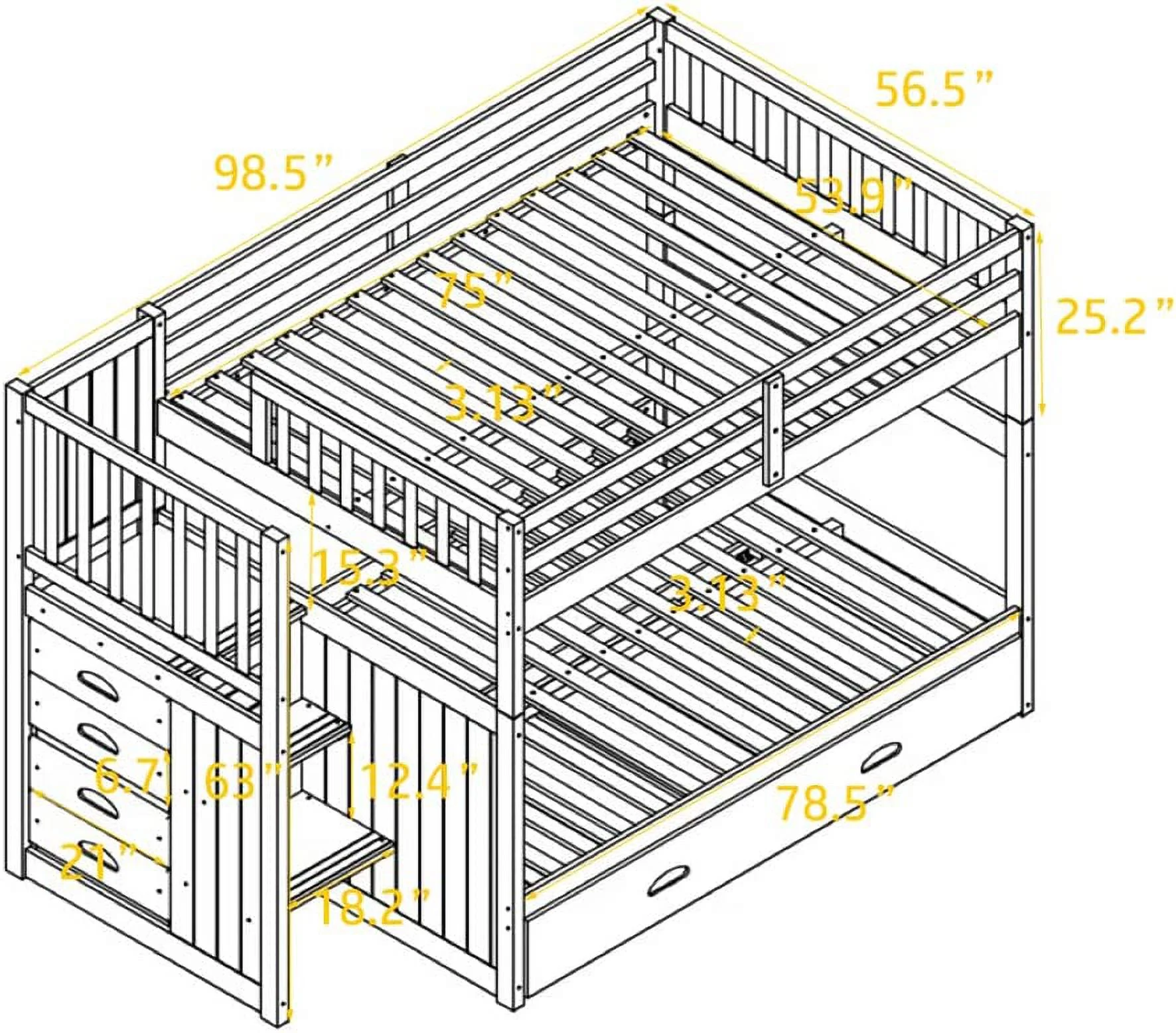 Full Over Full Bunk Bed With Trundle And Storage Drawers, Solid Wooden Bunk Bed Frame With Staircase, Safety Guardrail For Kids Teens Adults, No Box Spring Needed (White)
