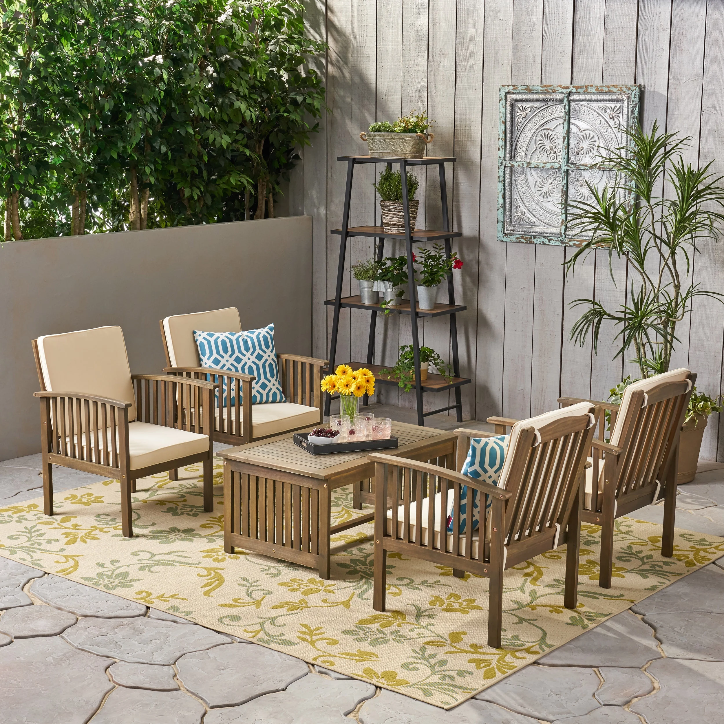 GDF Studio Navan Outdoor Acacia Wood 5 Piece Club Chair Chat Set with Cushions, Gray and Cream