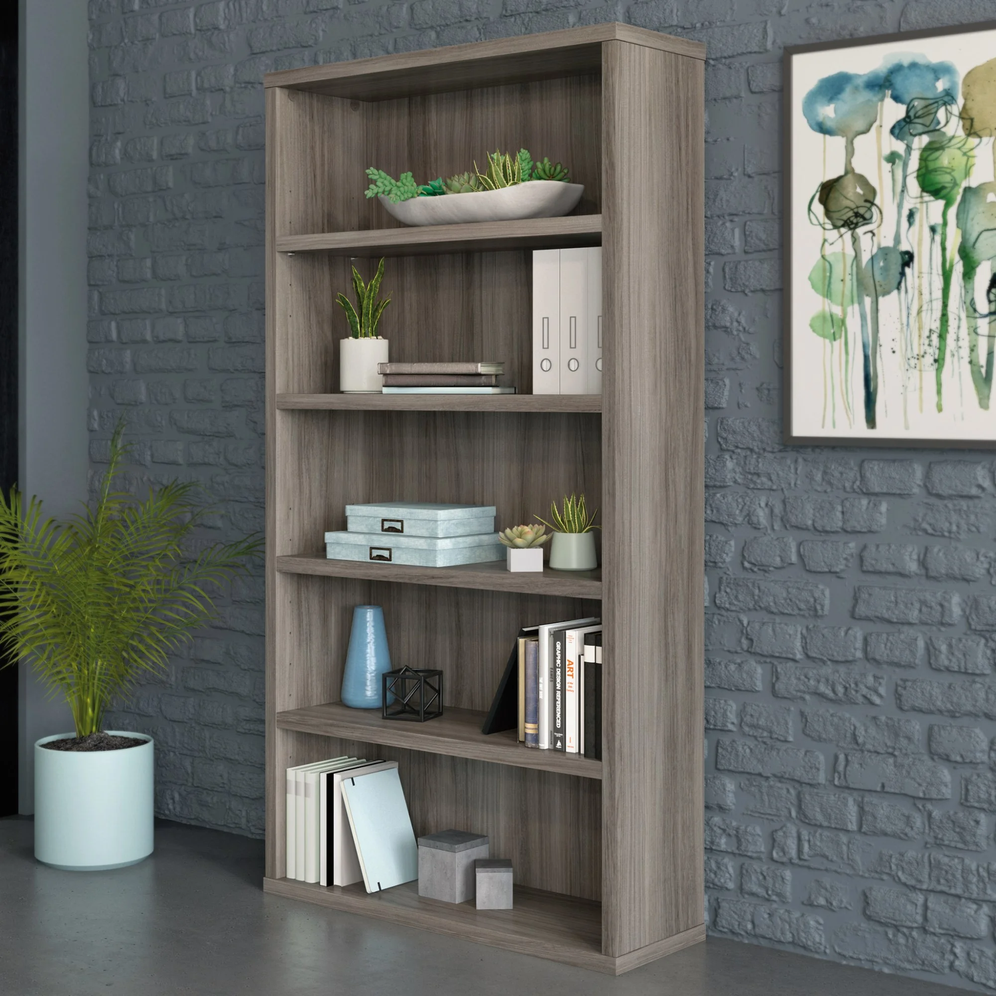 Sauder Affirm Engineered Wood 5-Shelf Bookcase in Hudson Elm/Brown