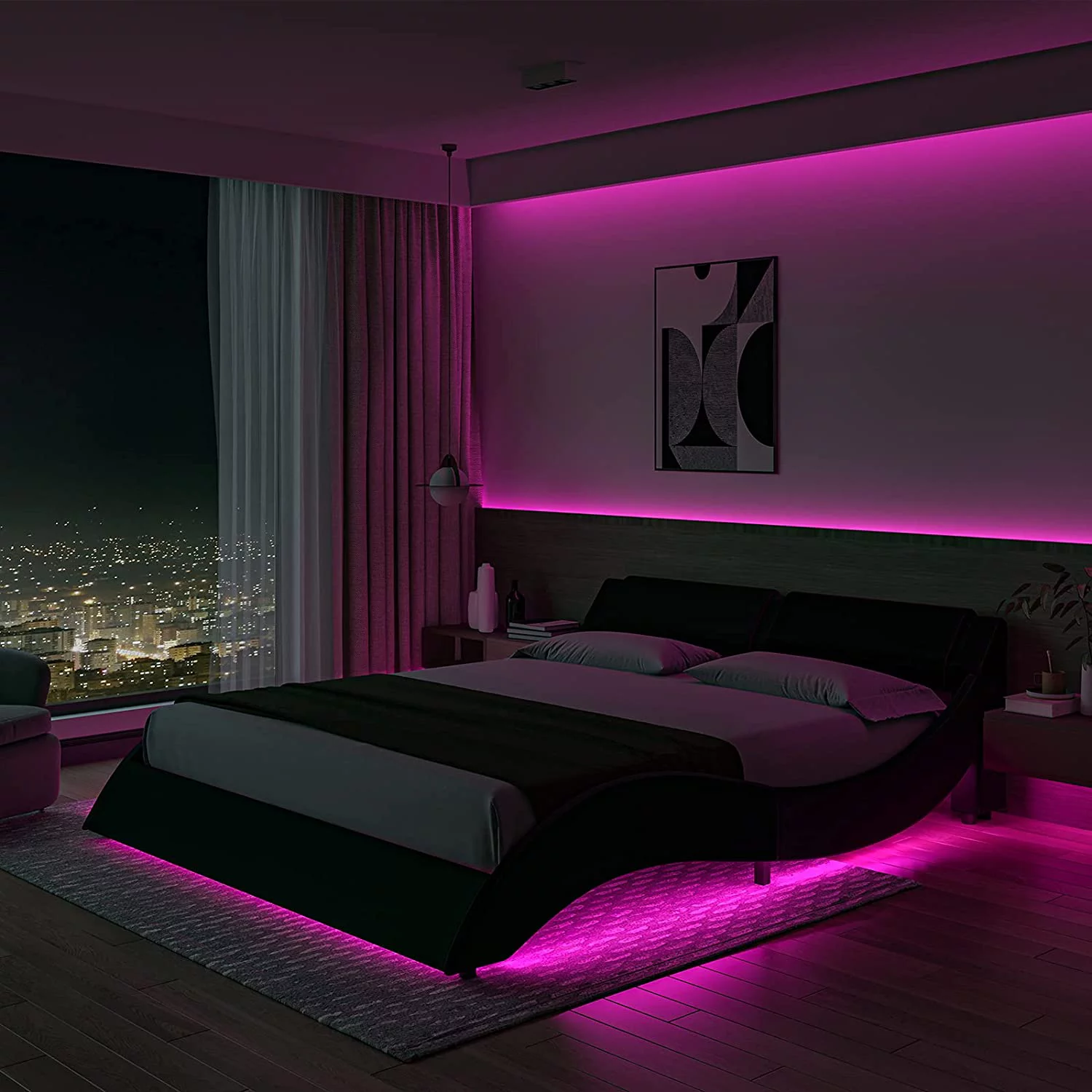 Full Size Bed Frame with LED Lights, Modern Curved Platform Bed with Upholstered Headboard, No Box Spring Needed, Black