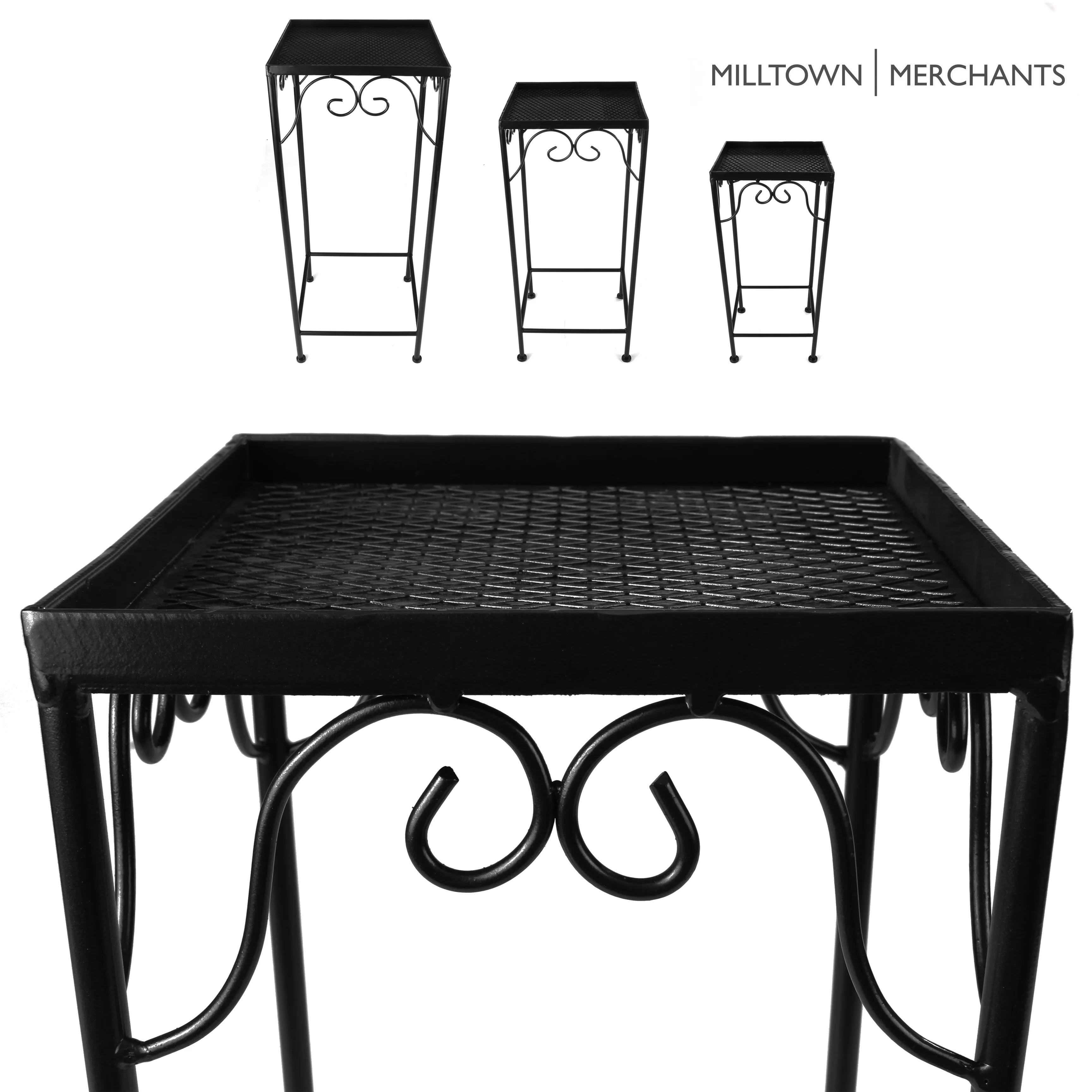Milltown Merchants Indoor/Outdoor Plant Stand - Nesting Accent Side Table For Potted Plants  - Black Metal Decorative Patio Stand With Curved Scrollwork