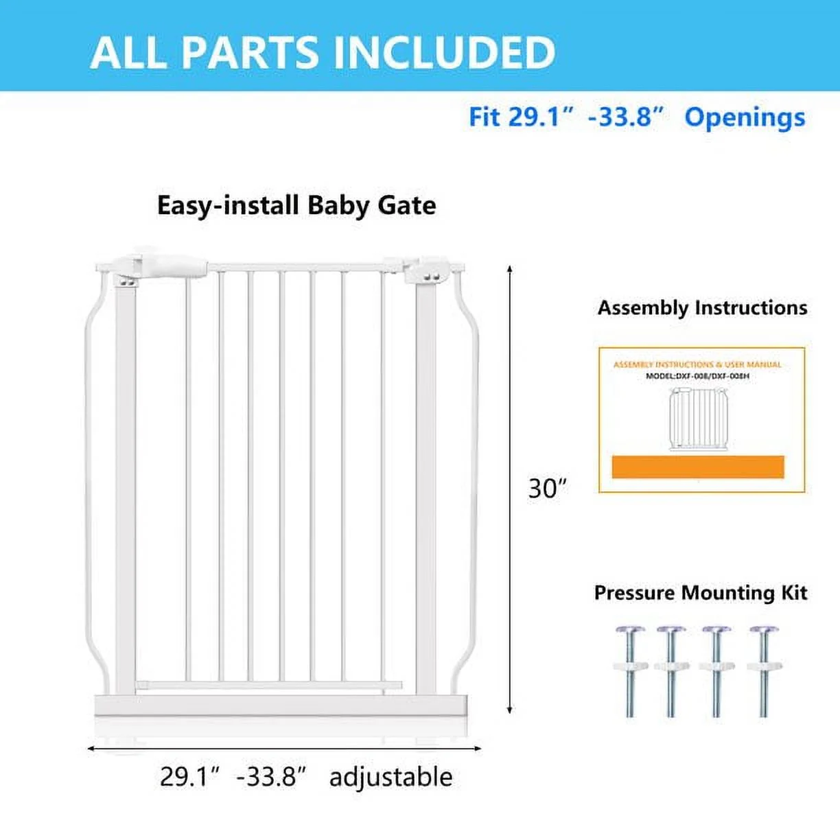 Extra Wide and Tall Baby Gate, Auto-Close and Hold-Open Pet Gates, Easy Walk Thru Indoor Safety Gate with 4 Pack of Pressure Mount Kit, Dog Gates for 29.1