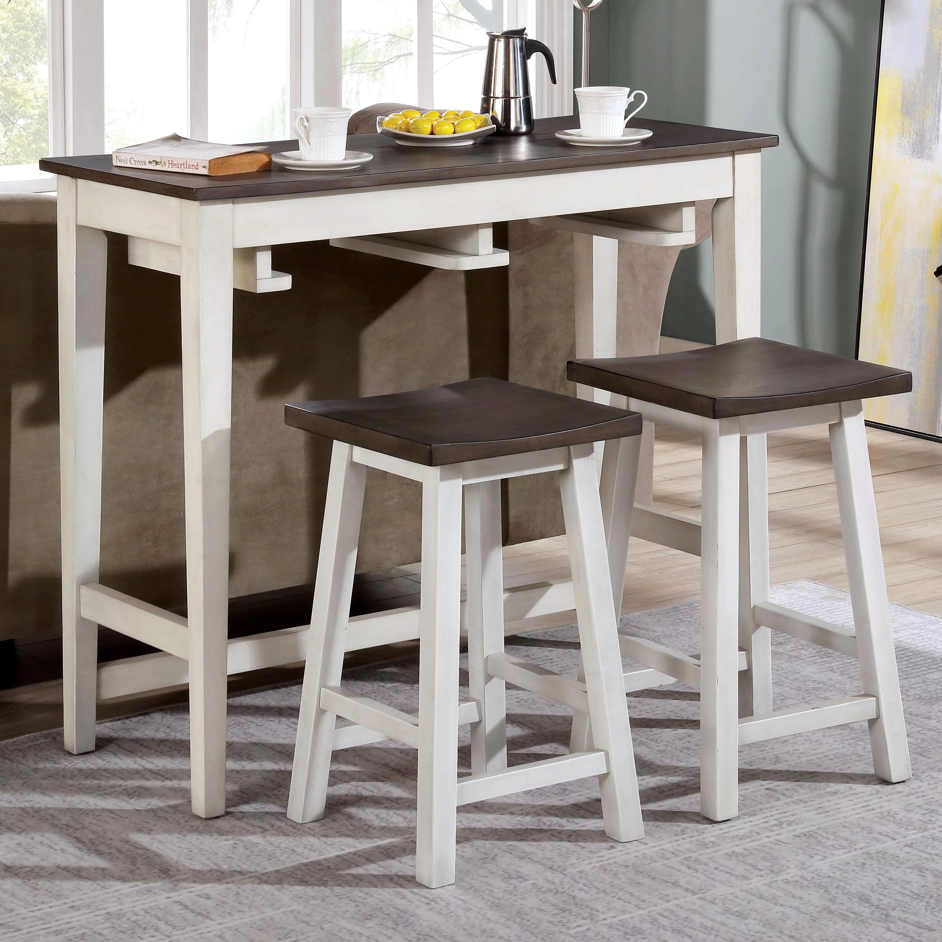 Furniture of America Tryst 3-Piece Wood Bar Table Set, White and Gray